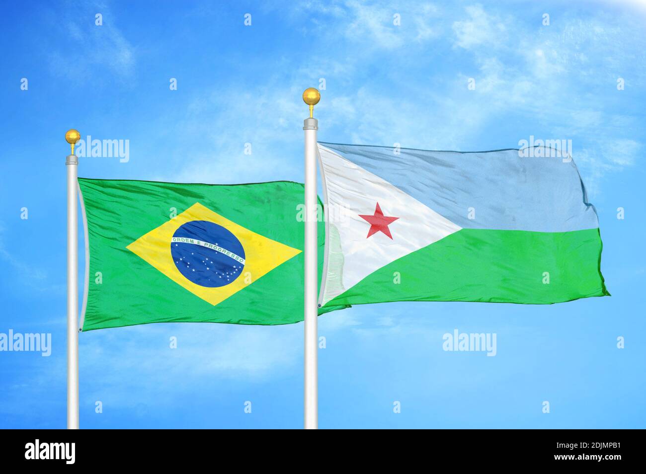 Brazil and Djibouti two flags on flagpoles and blue cloudy sky Stock ...