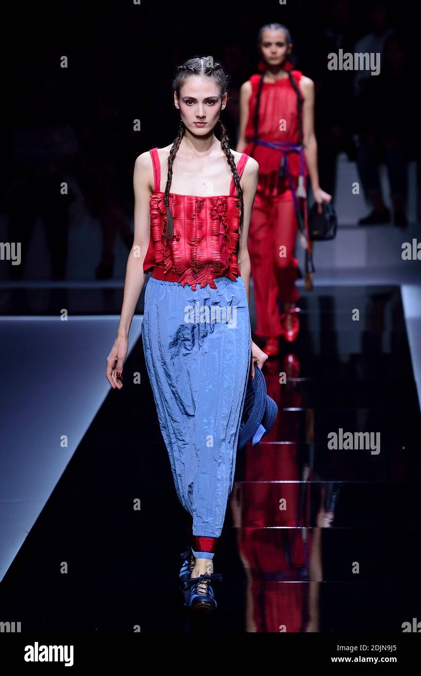A model walks the runway during the Emporio Armani show as part of Paris  Fashion Week Ready to Wear Spring/Summer 2017 in Paris, France on October  03, 2016. Photo by Aurore Marechal/ABACAPRESS.COM