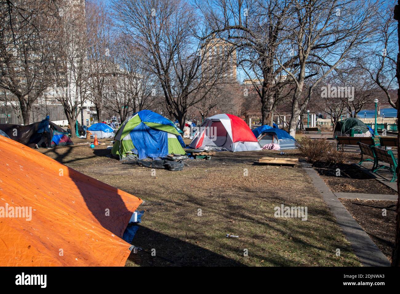 St. Paul, Minnesota. Homeless camp filled with tents at the edge of the