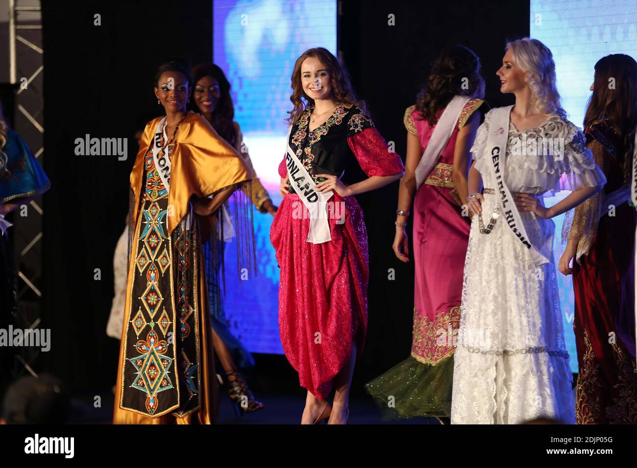 Contestants walk the stage for the 2nd Miss Diamond of the World beauty pageant held at the Sofitel Algiers, Algeria, October 6, 2016. Christine Joy Picardal, representing the Philippines in the first international beauty pageant held in Algeria, won the competition. Photo by Billal Bensalem/ABACAPRESS.COM Stock Photo