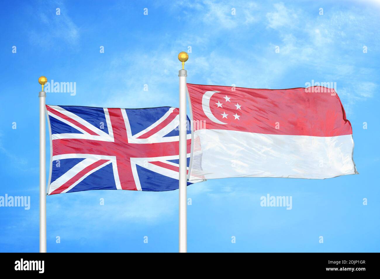 Brazil and Singapore two flags on flagpoles and blue cloudy sky Stock Photo