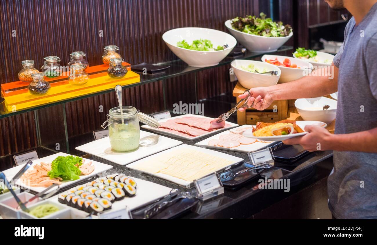 Breakfast Buffet Concept. Breakfast Time in Luxury Hotel. Food Buffet Catering Dining Eating Party Concept. Stock Photo