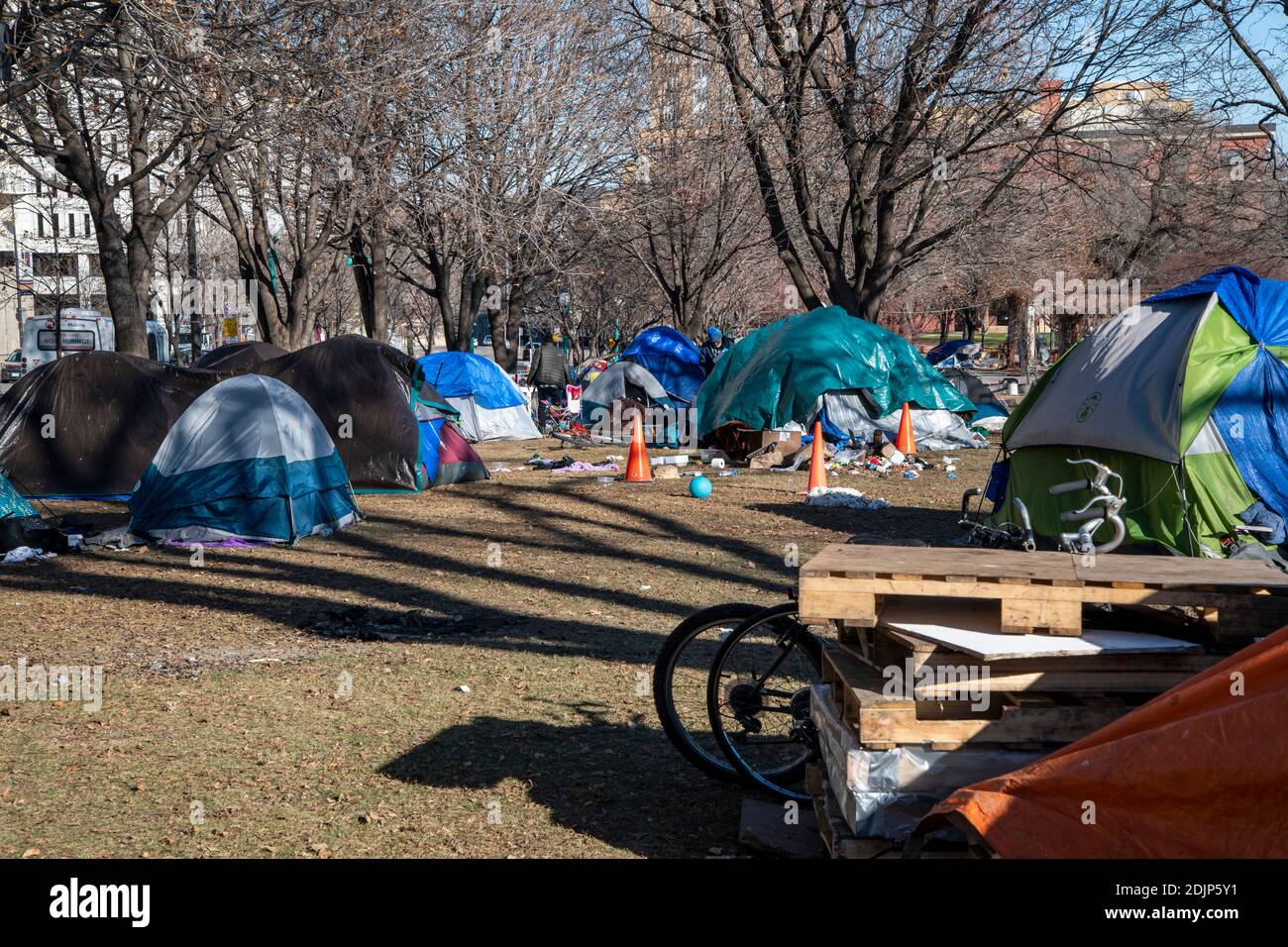 St. Paul, Minnesota. Homeless camp filled with tents at the edge of the
