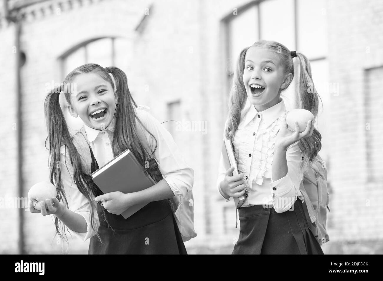Cheerful schoolgirls enjoying healthy school lunch, knowledge day concept. Stock Photo