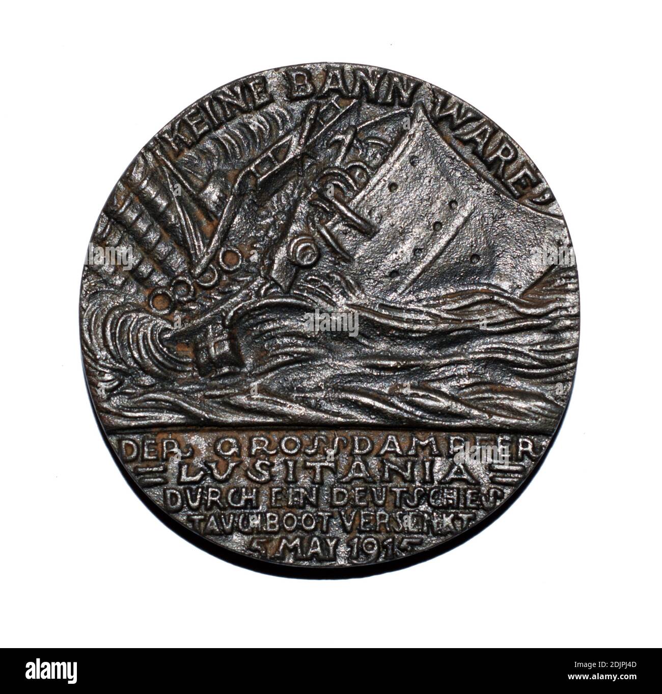 An obverse view of a British propaganda copy of Karl Goetz’s ‘Lusitania Medallion’ showing the torpedoed ship sicking. Stock Photo