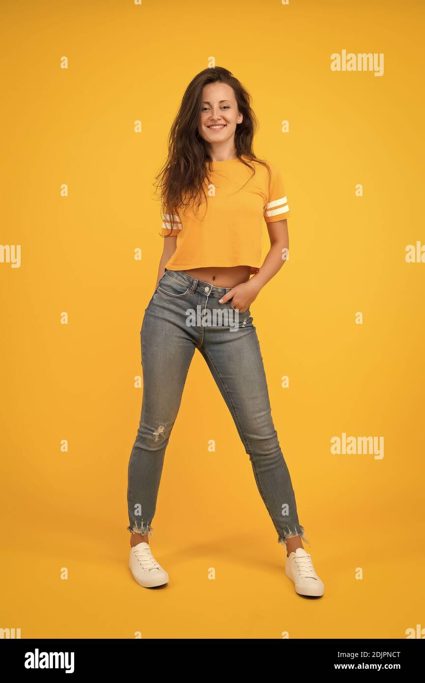 Casual suitable for young life. Pretty girl in casual streetwear style. Casual look of fashion model. Fashion and style. Shopping for womens clothes. Womenswear. Casual outdoor clothing Stock Photo Al...