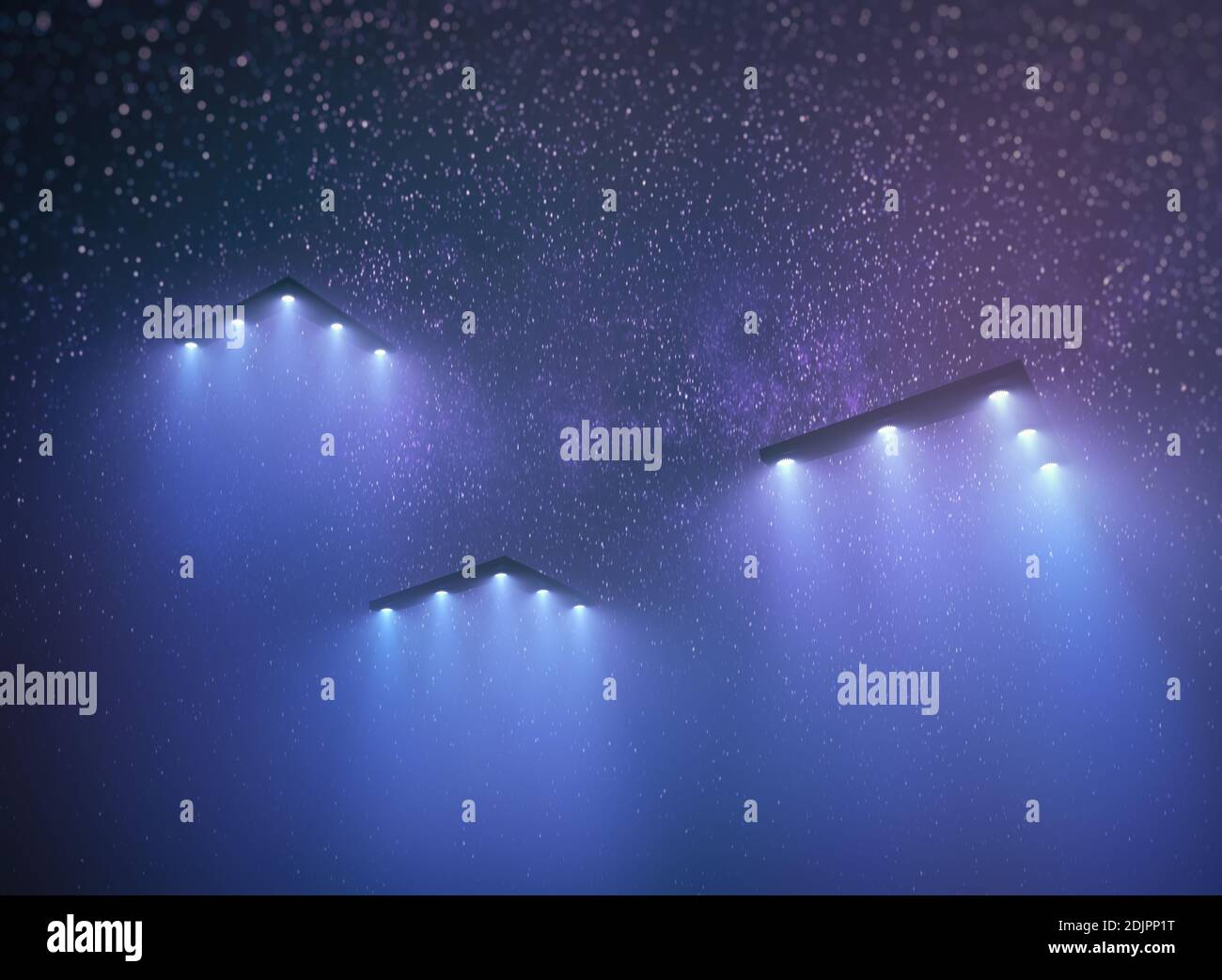 Unidentified flying object at night with fog and a light below. Triangular UFO, 3D illustration. Stock Photo