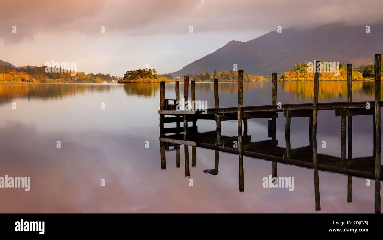 Ashness Jetty is a small pier servicing the steamers that sail across Derwentwater in the English Lake District in Great Britain Stock Photo