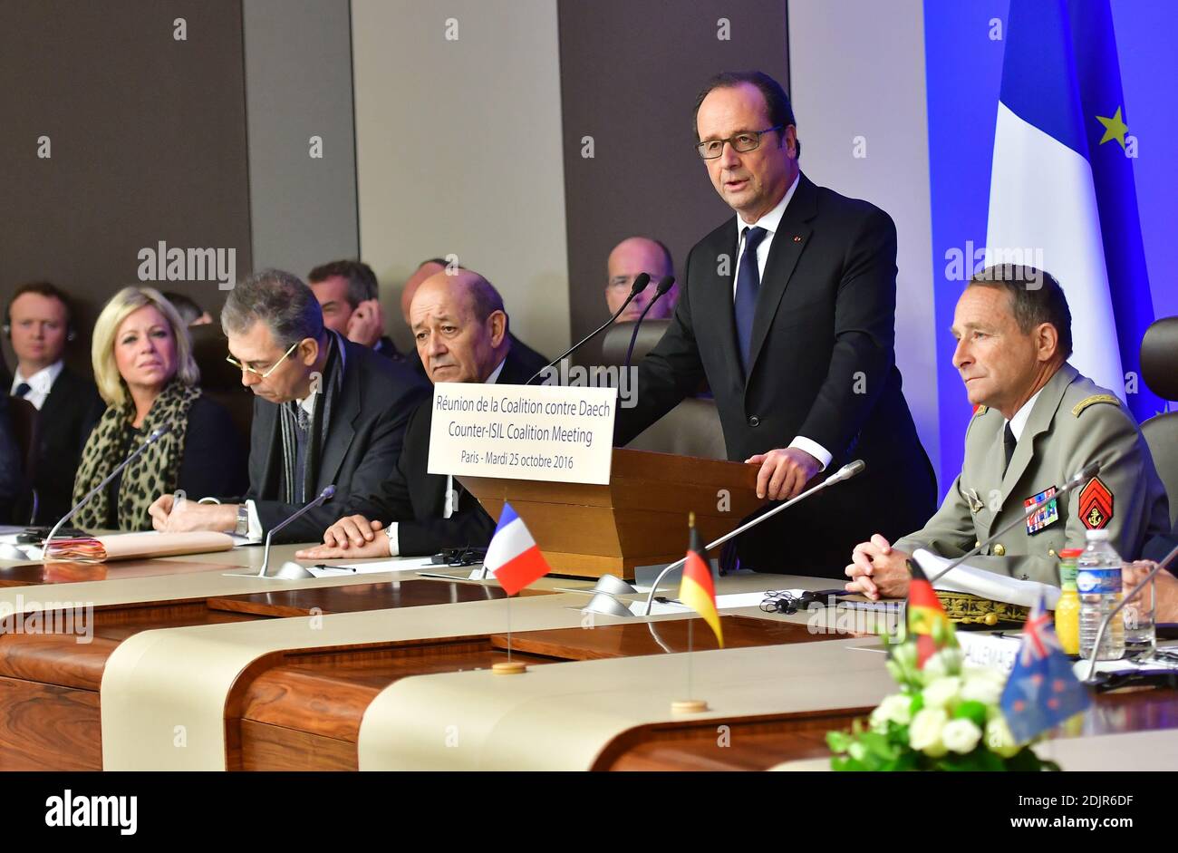 French President Francois Hollande delivers his speech during the opening of a Counter-ISIL Coalition Meeting hosted by French Minister of Defence Jean-Yves Le Drian and attended by the Defence Ministers of the Coalition in Iraq and Syria, Ashton Carter (USA), Michael Fallon (UK), Jeanine Hennis-Plasschaert (Netherlands), Marise Payne (Australia), Roberta Pinotti (Italy), Ursula Von Der Leyen (Germany), Pedro Morenes (Spain), Peter Christensen (Denmark), Ine Marie Eriksen Soreide (Norway), Steven Vandeput (Belgium), Gerry Brownlee (New Zealand) and Harjit Sajjan (Canada), held at the French Mi Stock Photo