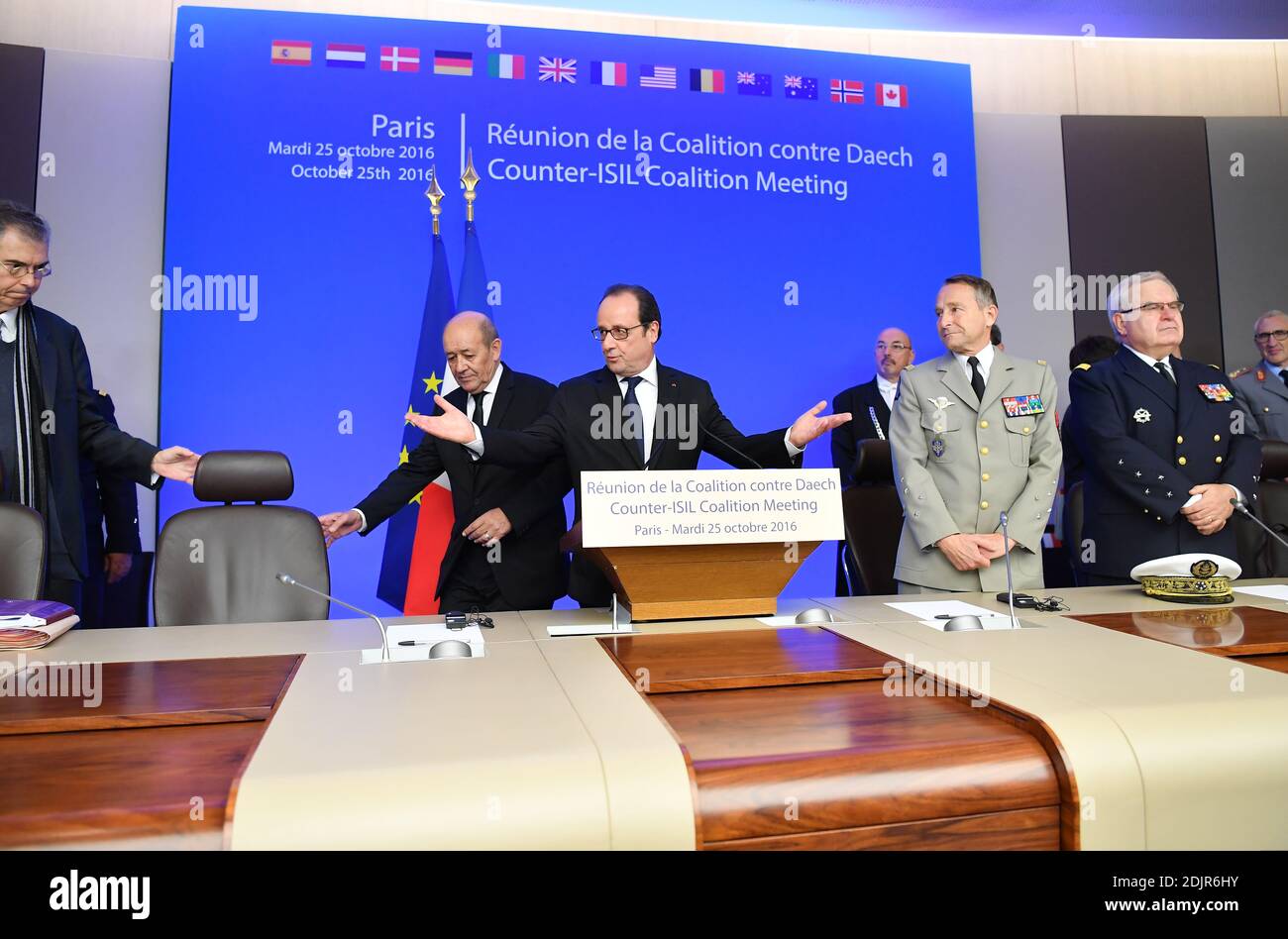 French President Francois Hollande delivers his speech during the opening of a Counter-ISIL Coalition Meeting hosted by French Minister of Defence Jean-Yves Le Drian and attended by the Defence Ministers of the Coalition in Iraq and Syria, Ashton Carter (USA), Michael Fallon (UK), Jeanine Hennis-Plasschaert (Netherlands), Marise Payne (Australia), Roberta Pinotti (Italy), Ursula Von Der Leyen (Germany), Pedro Morenes (Spain), Peter Christensen (Denmark), Ine Marie Eriksen Soreide (Norway), Steven Vandeput (Belgium), Gerry Brownlee (New Zealand) and Harjit Sajjan (Canada), held at the French Mi Stock Photo