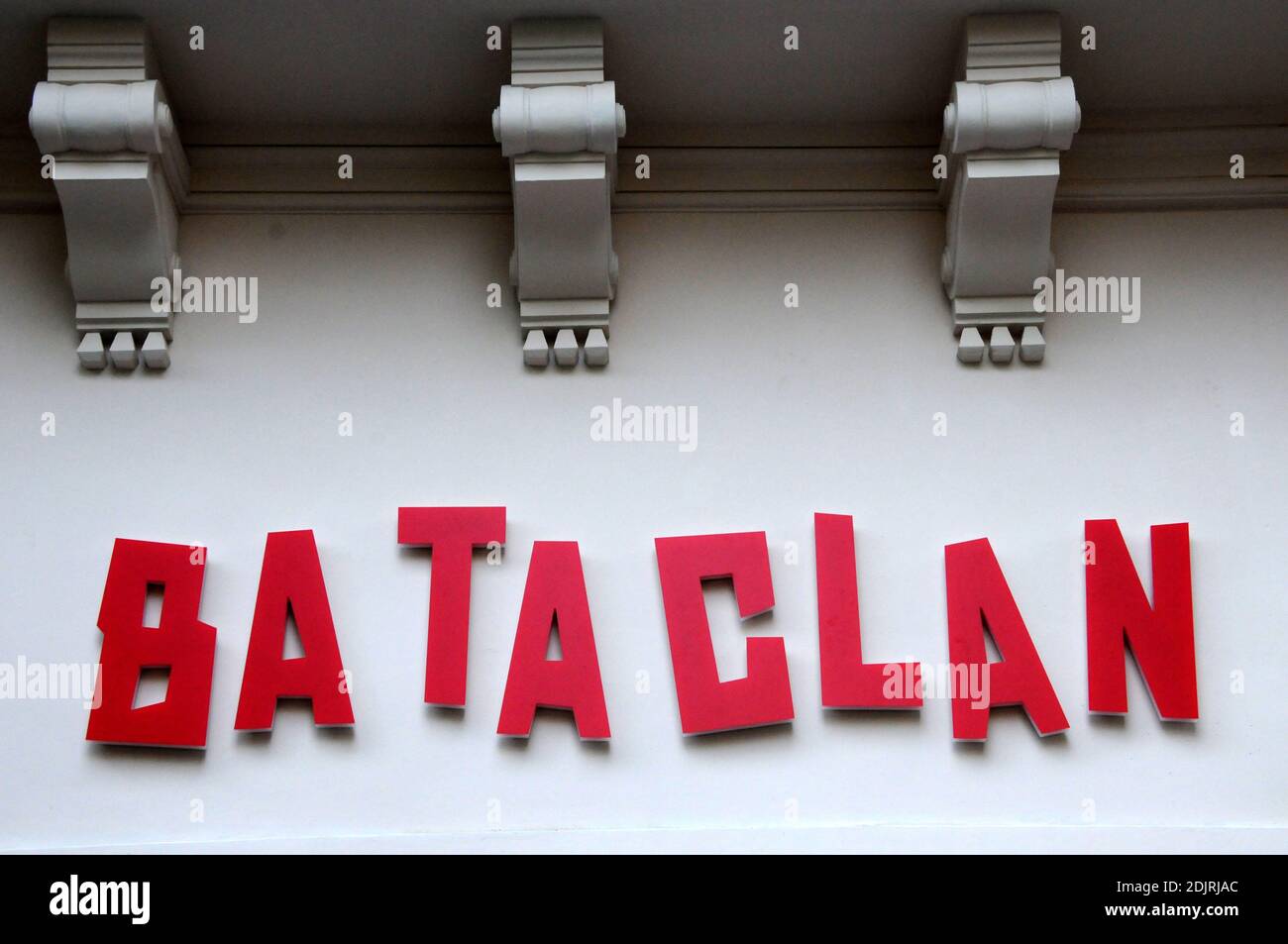 A picture taken on October 28, 2016 in Paris shows new lettering on the facade of the Bataclan concert hall, one of the targets of the November 13, 2015 terrorist attacks during which 130 people were killed and another 413 were wounded. The Bataclan concert hall will re-open on November 16 with a concert by British musician Peter Doherty. Photo by Alain Apaydin/ABACAPRESS.COM Stock Photo