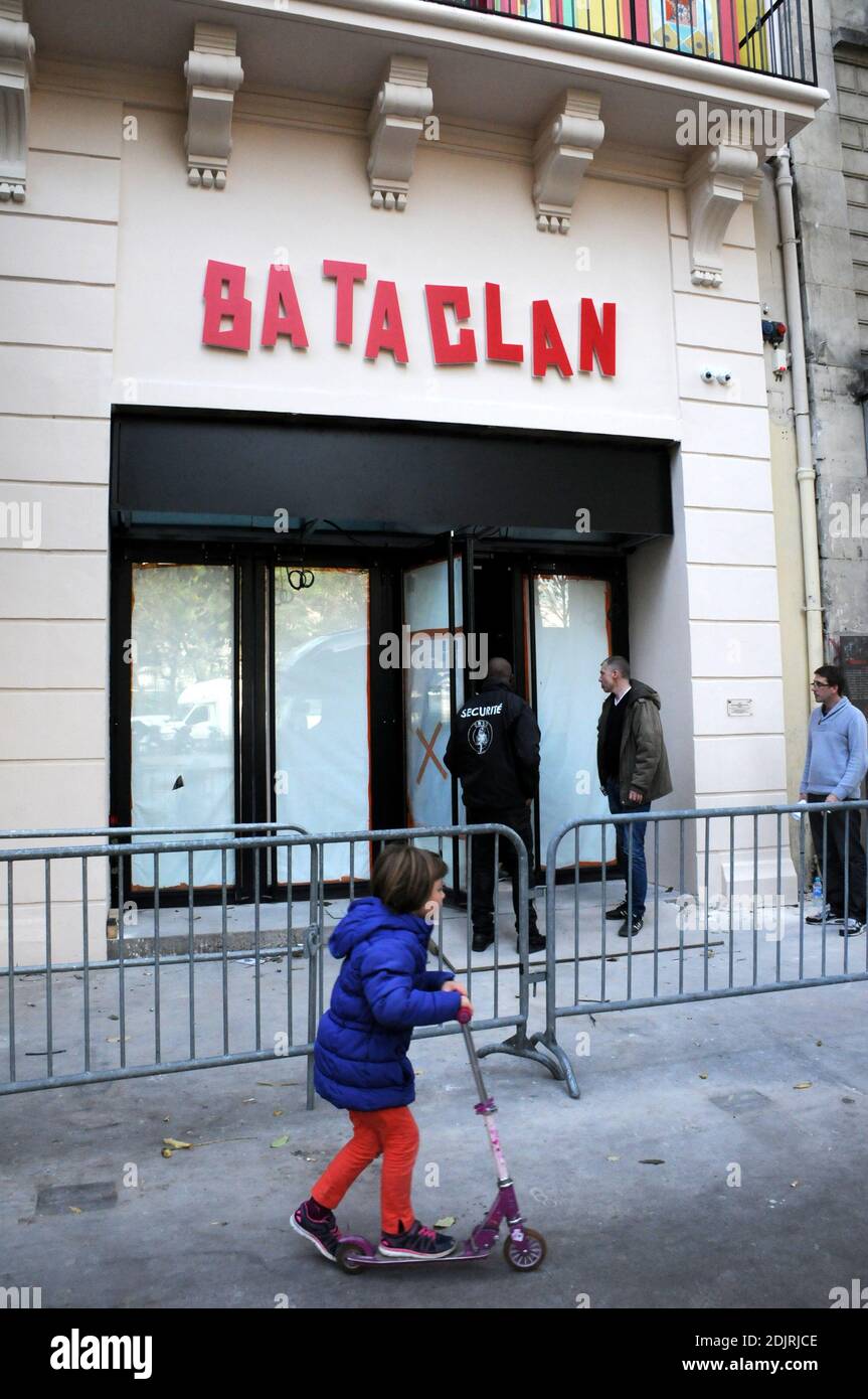 A picture taken on October 28, 2016 in Paris shows new lettering on the facade of the Bataclan concert hall, one of the targets of the November 13, 2015 terrorist attacks during which 130 people were killed and another 413 were wounded. The Bataclan concert hall will re-open on November 16 with a concert by British musician Peter Doherty. Photo by Alain Apaydin/ABACAPRESS.COM Stock Photo
