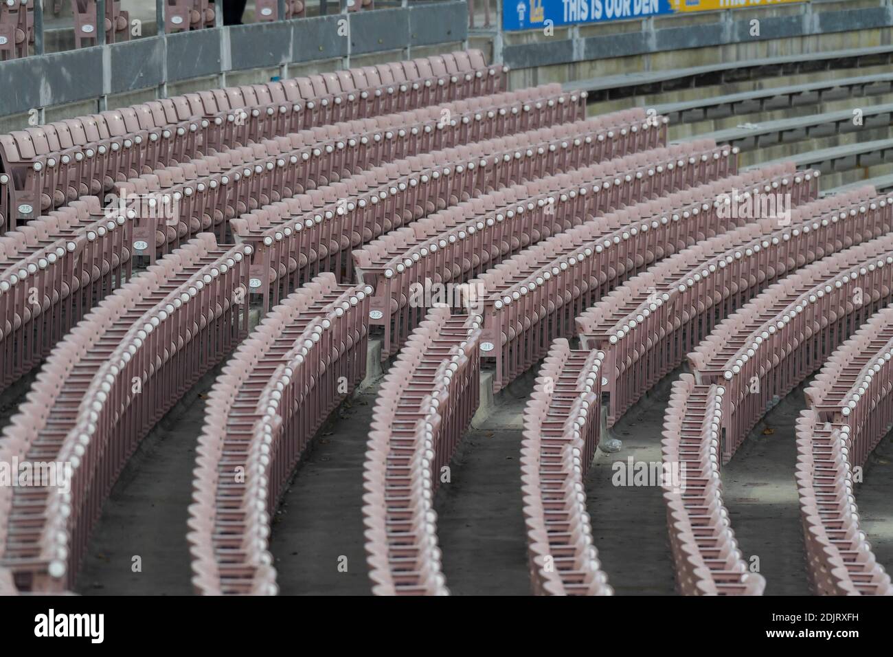 Empty stadium seats are seen at the Rose Bowl Stadium during an NCAA football game between the Southern California Trojans and the UCLA Bruins, Saturd Stock Photo