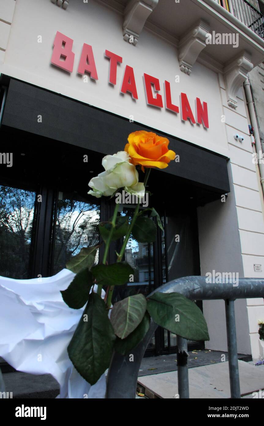 A picture taken on November 6, 2016 in Paris shows new lettering on the facade of the Bataclan concert hall, one of the targets of the November 13, 2015 terrorist attacks during which 130 people were killed and another 413 were wounded. The Bataclan concert hall will re-open on November 16 with a concert by British musician Peter Doherty. Photo by Alain Apaydin/ABACAPRESS.COM Stock Photo
