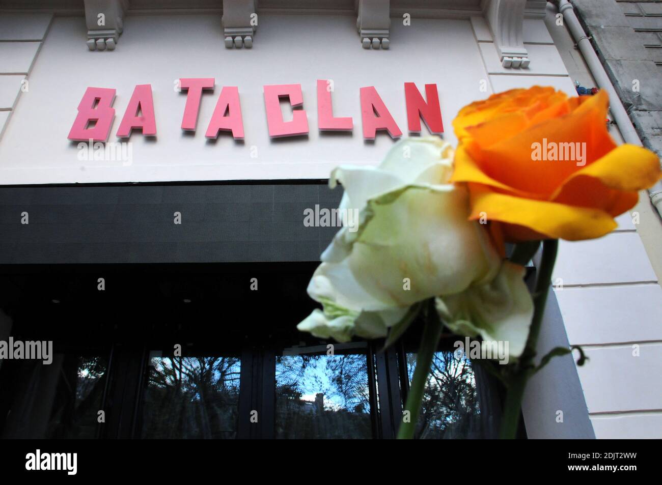 A picture taken on November 6, 2016 in Paris shows new lettering on the facade of the Bataclan concert hall, one of the targets of the November 13, 2015 terrorist attacks during which 130 people were killed and another 413 were wounded. The Bataclan concert hall will re-open on November 16 with a concert by British musician Peter Doherty. Photo by Alain Apaydin/ABACAPRESS.COM Stock Photo