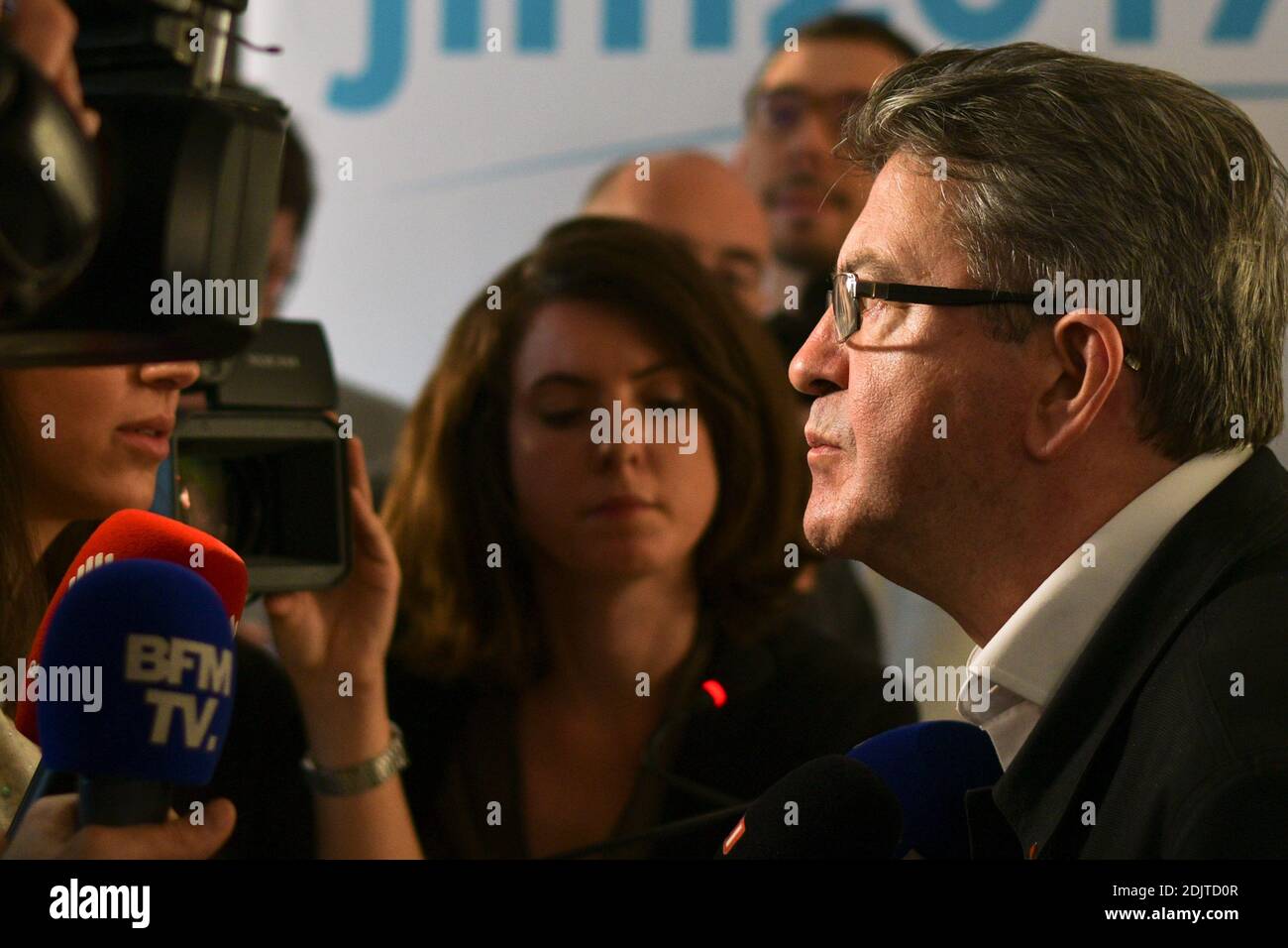 Jean-Luc Melenchon, founder of left-wing political movement La France insoumise and candidate for the 2017 presidential elections participates in a programmatic workshop on security, at his party's headquarters in Paris, France on November 10, 2016. Photo by Yann Korbi/ABACAPRESS.COM Stock Photo