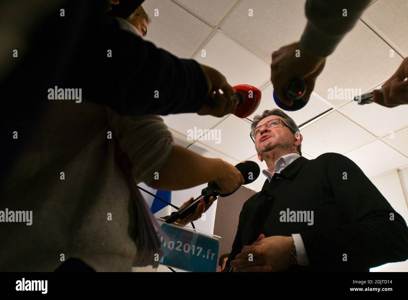 Jean-Luc Melenchon, founder of left-wing political movement La France insoumise and candidate for the 2017 presidential elections participates in a programmatic workshop on security, at his party's headquarters in Paris, France on November 10, 2016. Photo by Yann Korbi/ABACAPRESS.COM Stock Photo