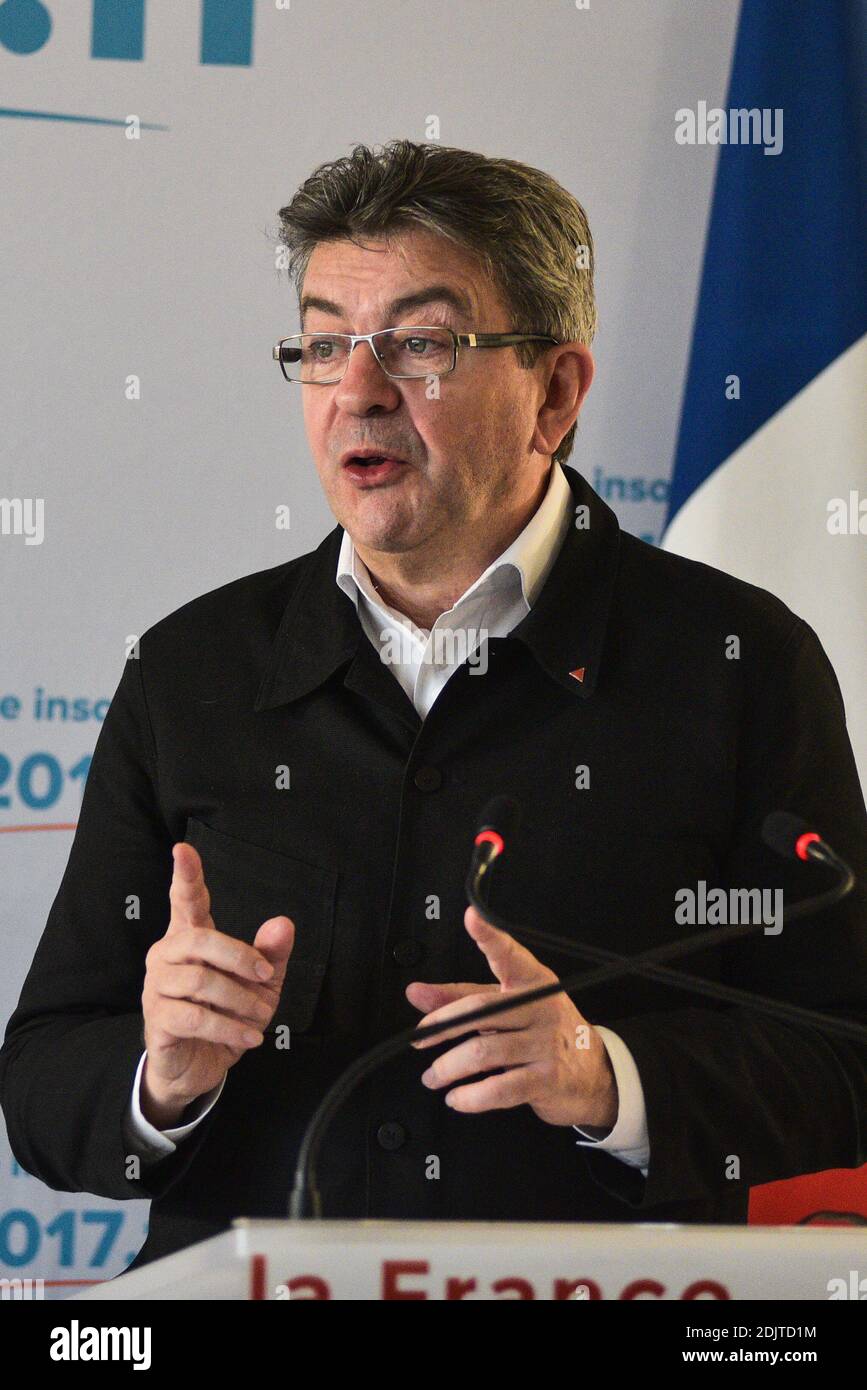 Jean-Luc Melenchon, founder of left-wing political movement La France insoumise and candidate for the 2017 presidential elections participates in a programmatic workshop on security, at his party's headquarters in Paris, France on November 10, 2016. Photo by Yann Korbi/ABACAPRESS.COM Stock Photo