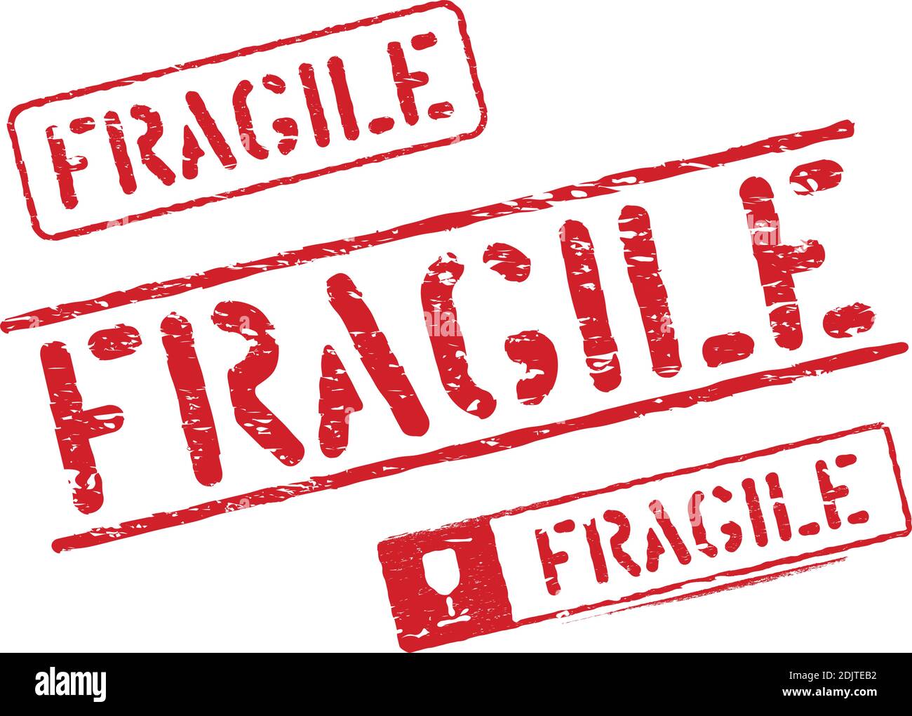 Fragile vector grungy box stencil signs for cargo and delivery with glass Stock Vector