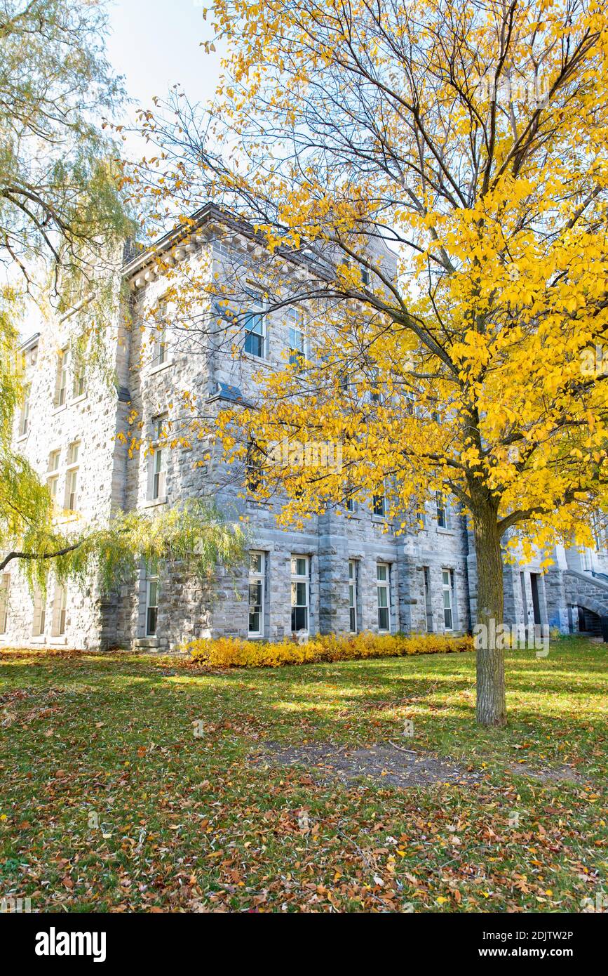 Large grey limestone building with autumn leaves in the foreground. Stock Photo