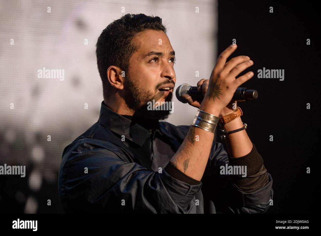 Slimane performs on stage during the Scoop Live concert at Amphitheatre Salle 3000 in Lyon, France on November 16, 2016. Photo by Julien Reynaud/APS-Medias/ABACAPRESS.COM Stock Photo
