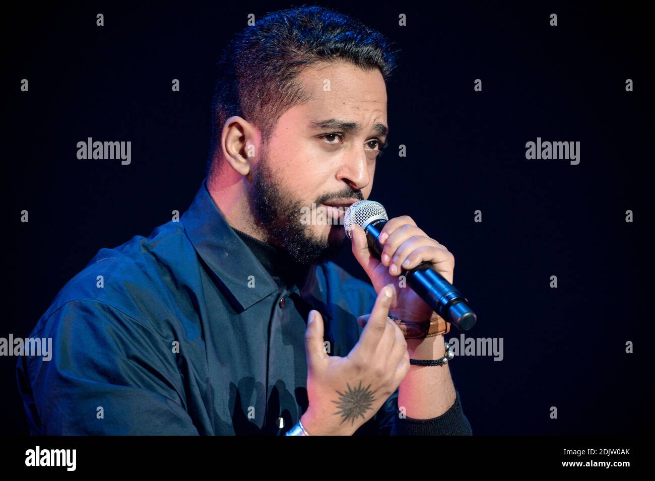 Slimane performs on stage during the Scoop Live concert at Amphitheatre Salle 3000 in Lyon, France on November 16, 2016. Photo by Julien Reynaud/APS-Medias/ABACAPRESS.COM Stock Photo