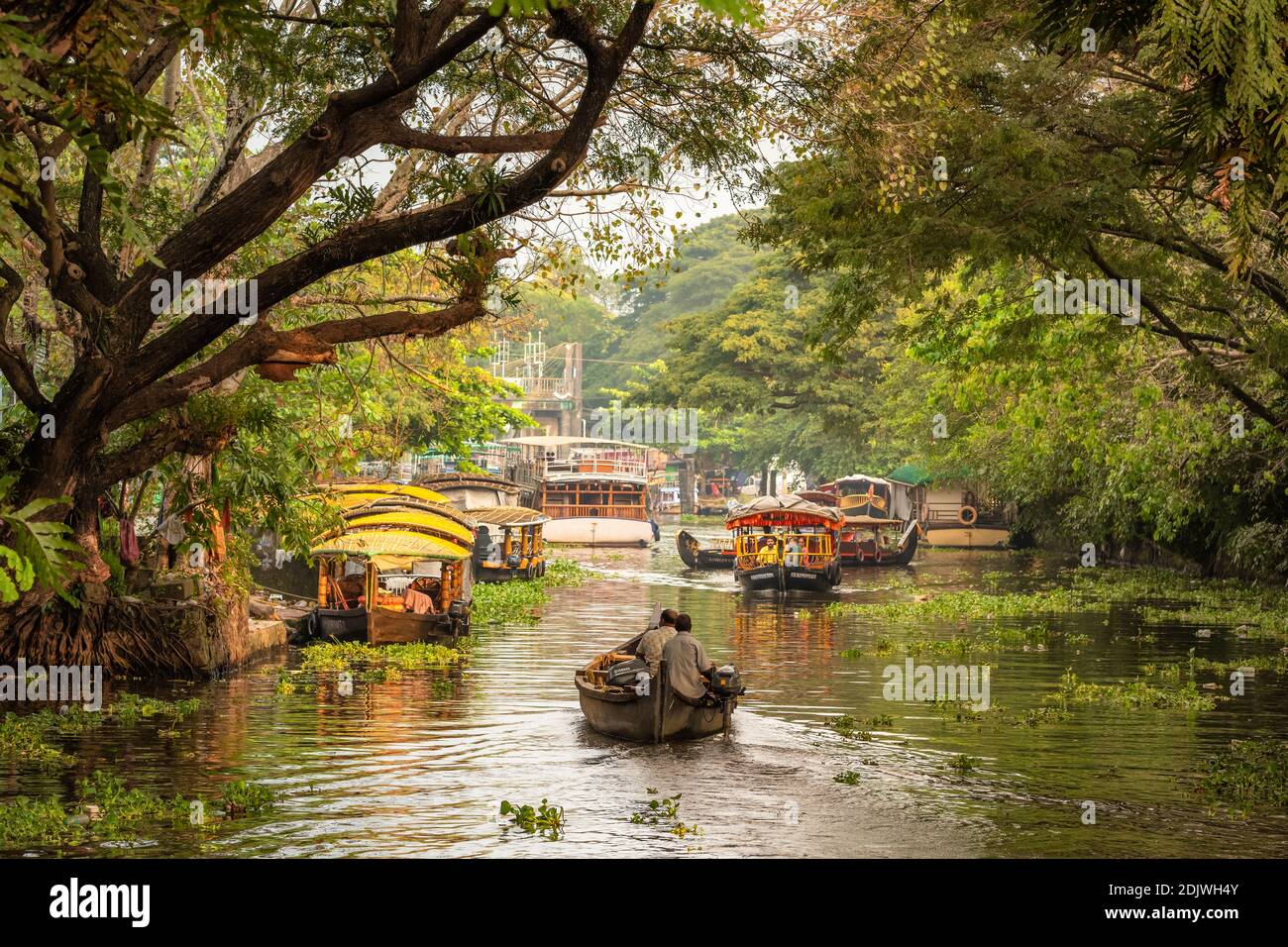 Beautiful backwaters landscape in Alleppey city with traditional passenger boats at sunset, Kerala Stock Photo