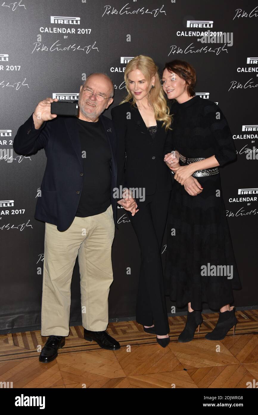 Uma Thurman, Nicole Kidman, Peter Lindbergh attending the press conference for the 2017 Pirelli Calendar by Peter Lindbergh at Hotel Salomon de Rothschild in Paris, France on November 29, 2016. Photo by Alban Wyters/ABACAPRESS.COM Stock Photo