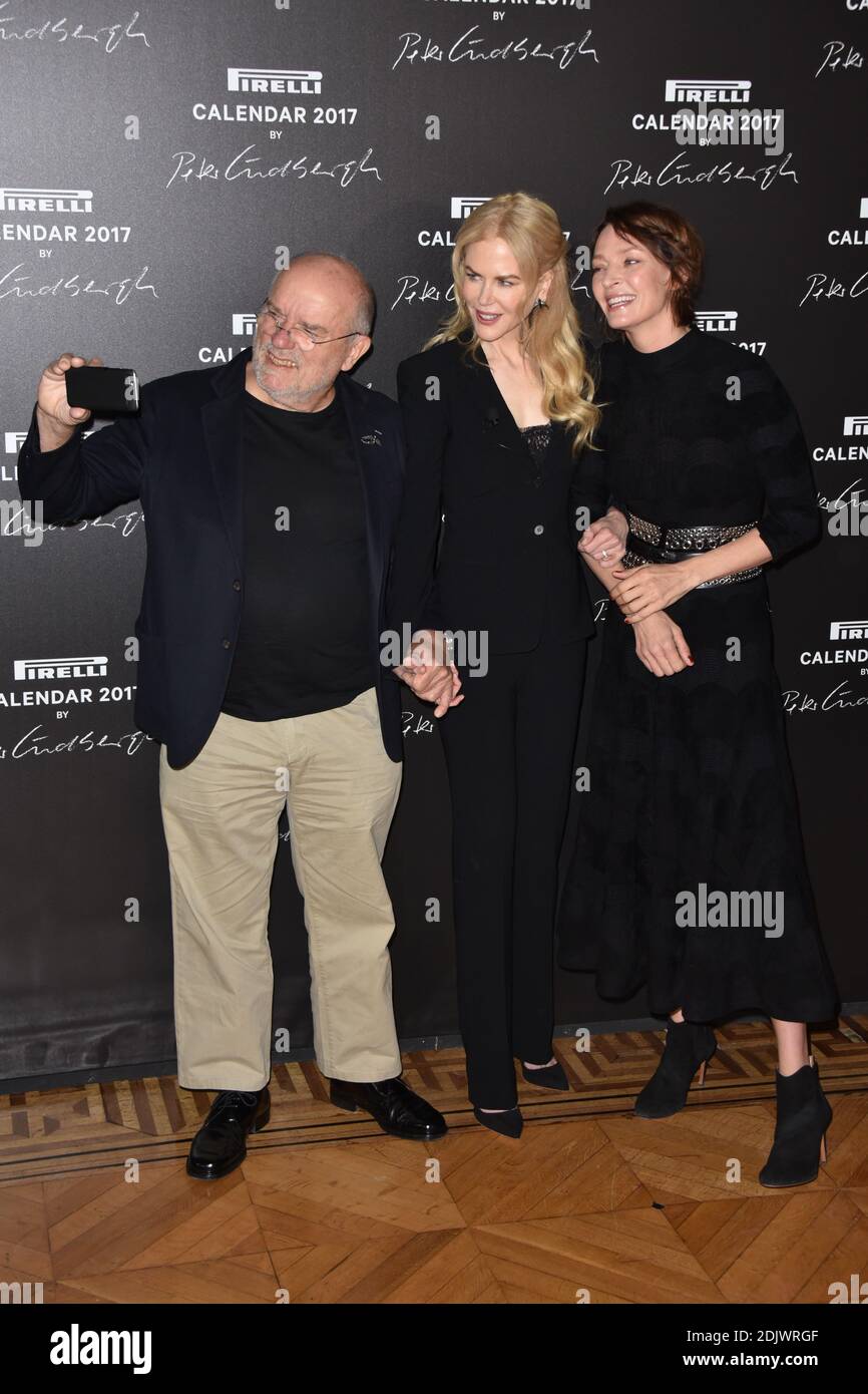 Uma Thurman, Nicole Kidman, Peter Lindbergh attending the press conference  for the 2017 Pirelli Calendar by Peter Lindbergh at Hotel Salomon de  Rothschild in Paris, France on November 29, 2016. Photo by