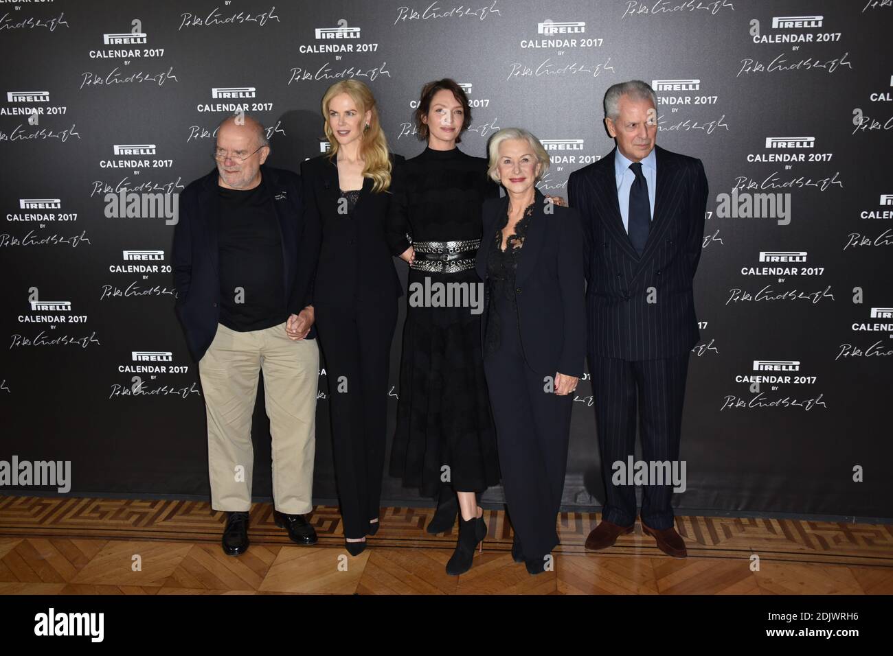 Uma Thurman, Nicole Kidman, Helen Mirren, Peter Lindbergh and Marco Tronchetti Provera (CEO Pirelli) attending the press conference for the 2017 Pirelli Calendar by Peter Lindbergh at Hotel Salomon de Rothschild in Paris, France on November 29, 2016. Photo by Alban Wyters/ABACAPRESS.COM Stock Photo