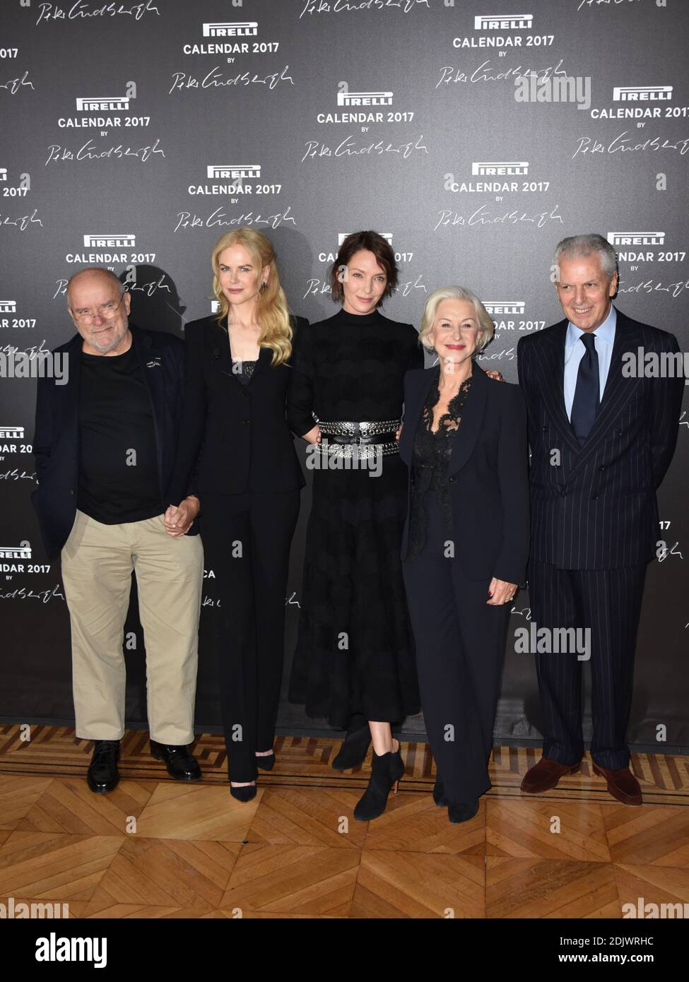 Uma Thurman, Nicole Kidman, Helen Mirren, Peter Lindbergh and Marco Tronchetti Provera (CEO Pirelli) attending the press conference for the 2017 Pirelli Calendar by Peter Lindbergh at Hotel Salomon de Rothschild in Paris, France on November 29, 2016. Photo by Alban Wyters/ABACAPRESS.COM Stock Photo