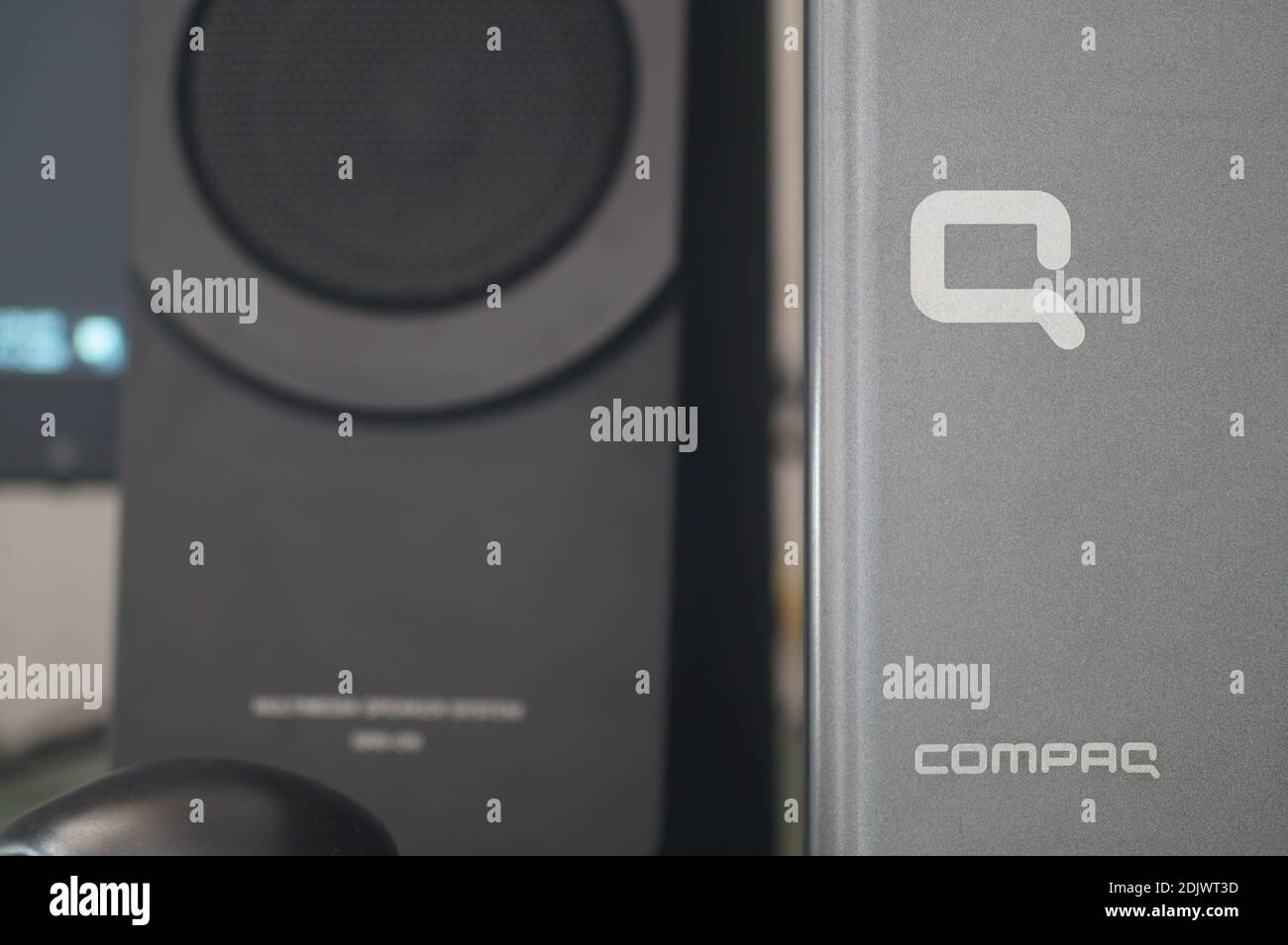 Thrissur, Kerala, India - 11/17/2020: Symbol of a compaq desktop pc embedded on the cabinet Stock Photo