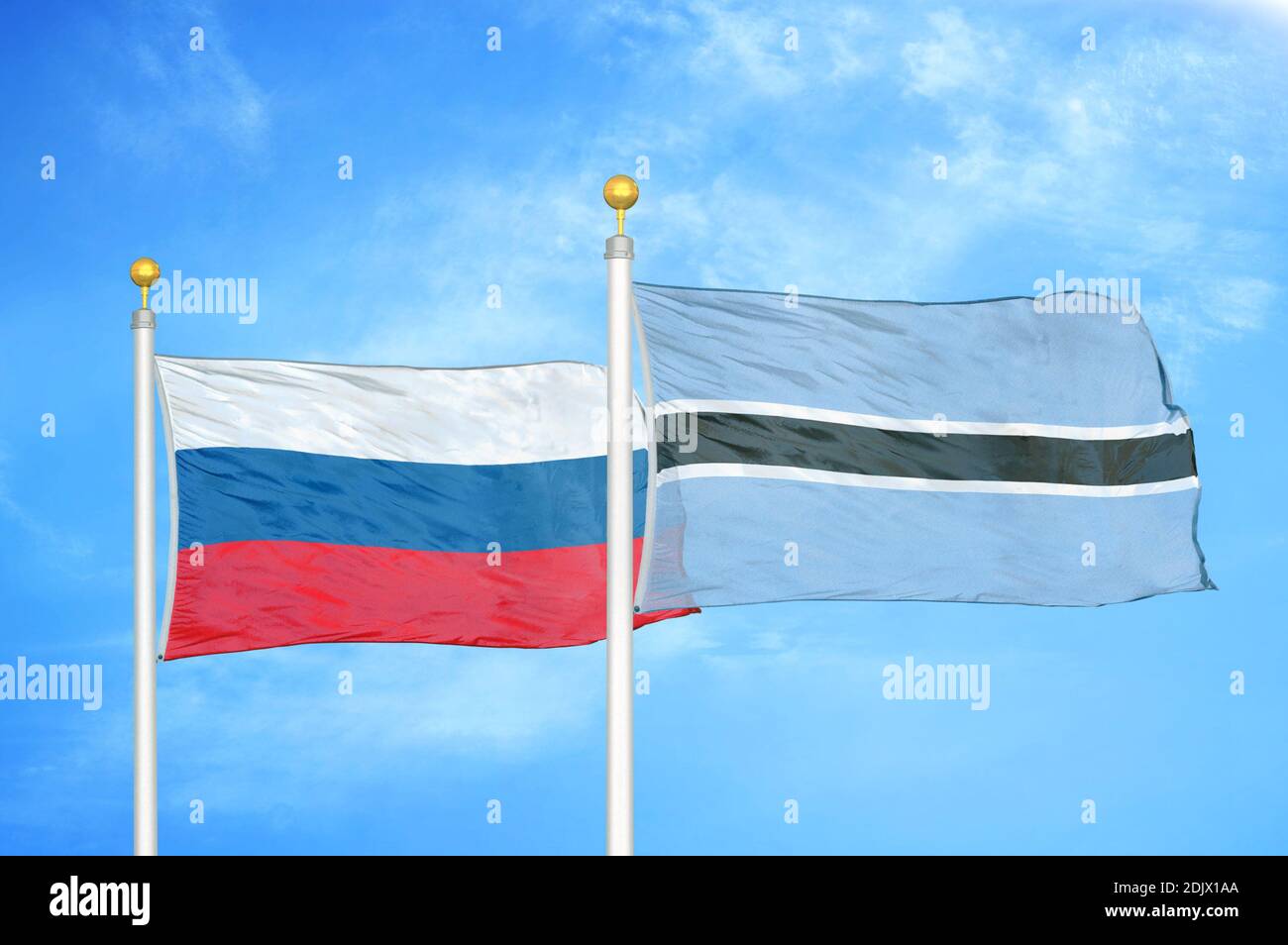 Russia and Botswana two flags on flagpoles and blue cloudy sky Stock ...