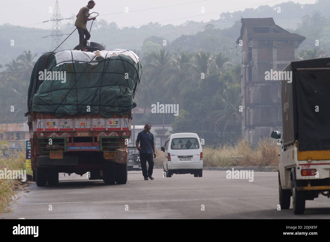 Thrissur, Kerala, India - 11-26-2020: A lorry parked at the side of a road Stock Photo