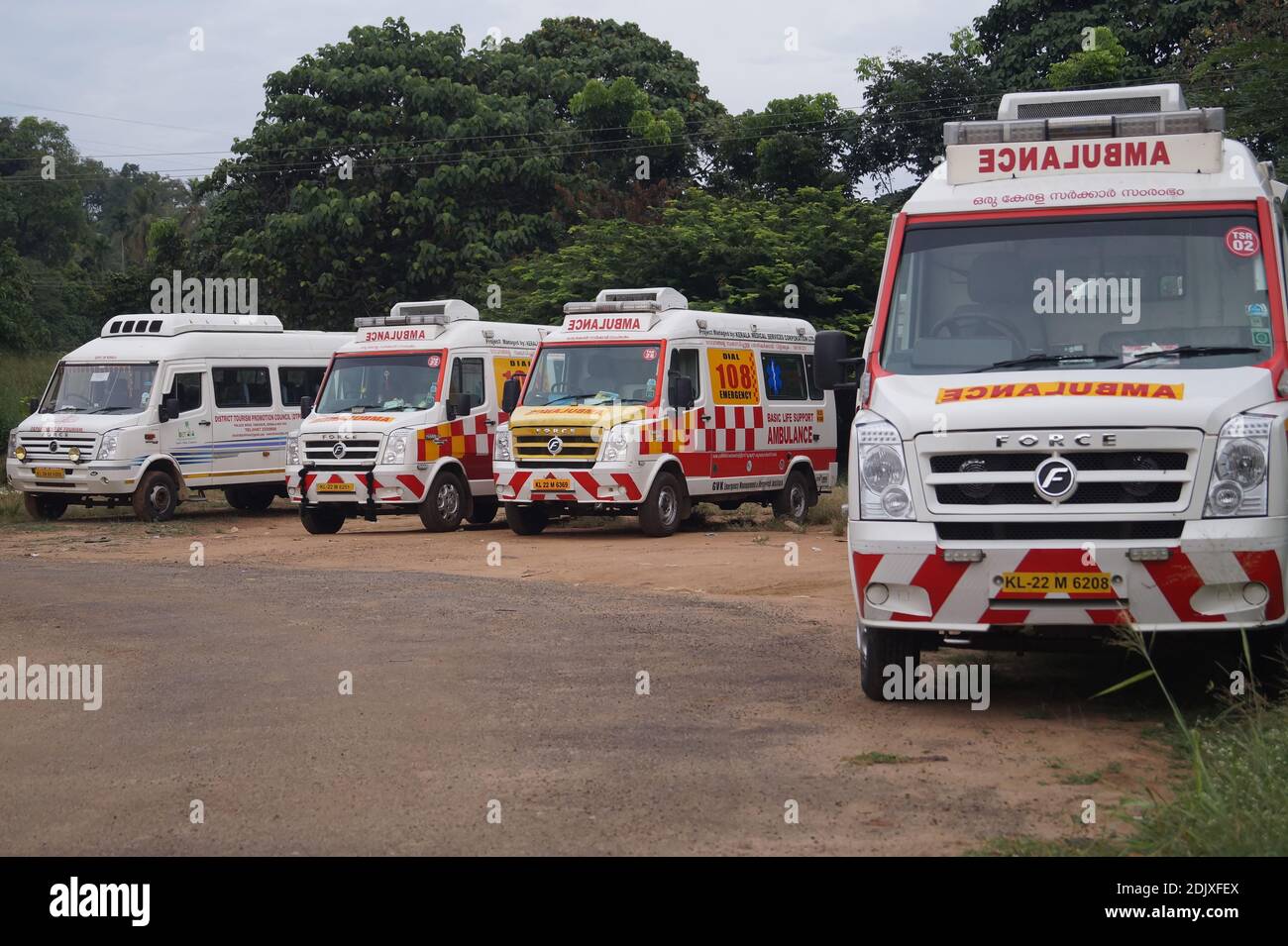 Thrissur, Kerala, India - 12-02-2020: Group of special ambulance for covid 19 patients in kerala. The National Health Mission (NHM) was in charge of t Stock Photo