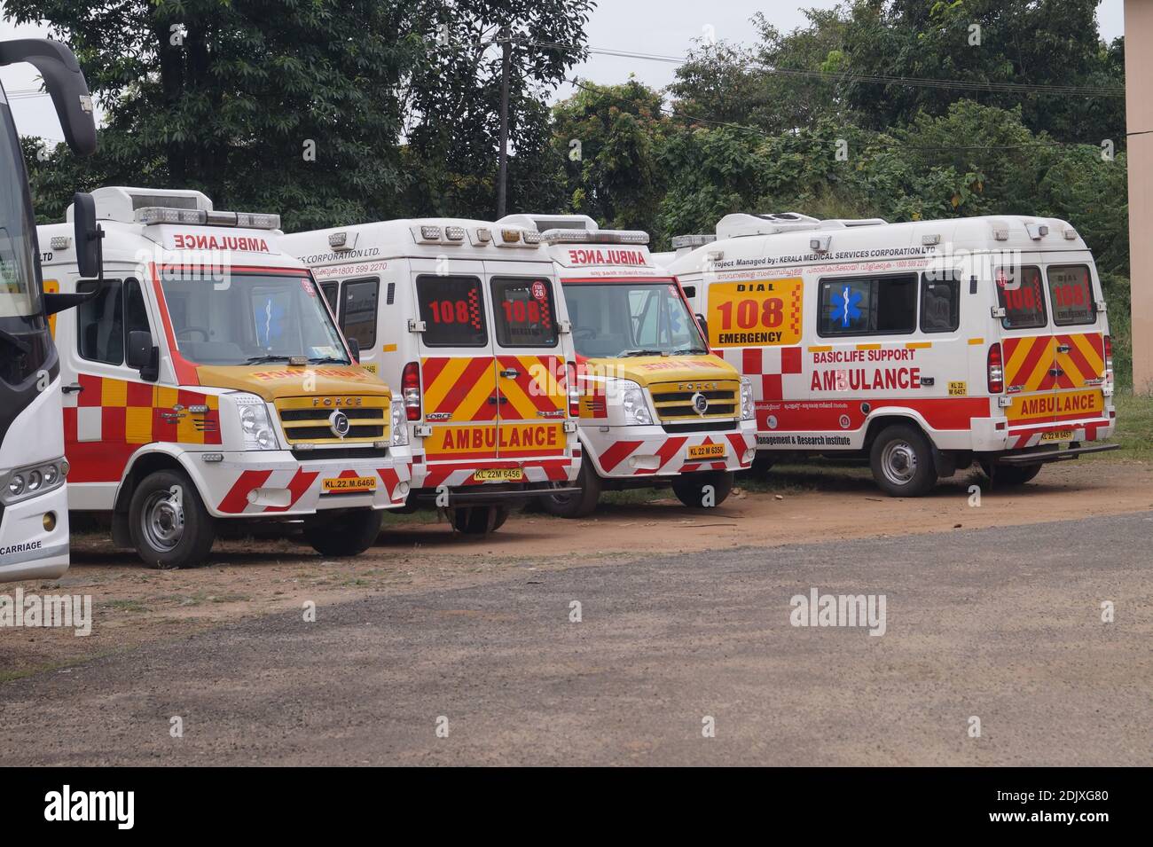 Thrissur, Kerala, India - 12-02-2020: Group of special ambulance for covid 19 patients in kerala. The National Health Mission (NHM) was in charge of t Stock Photo