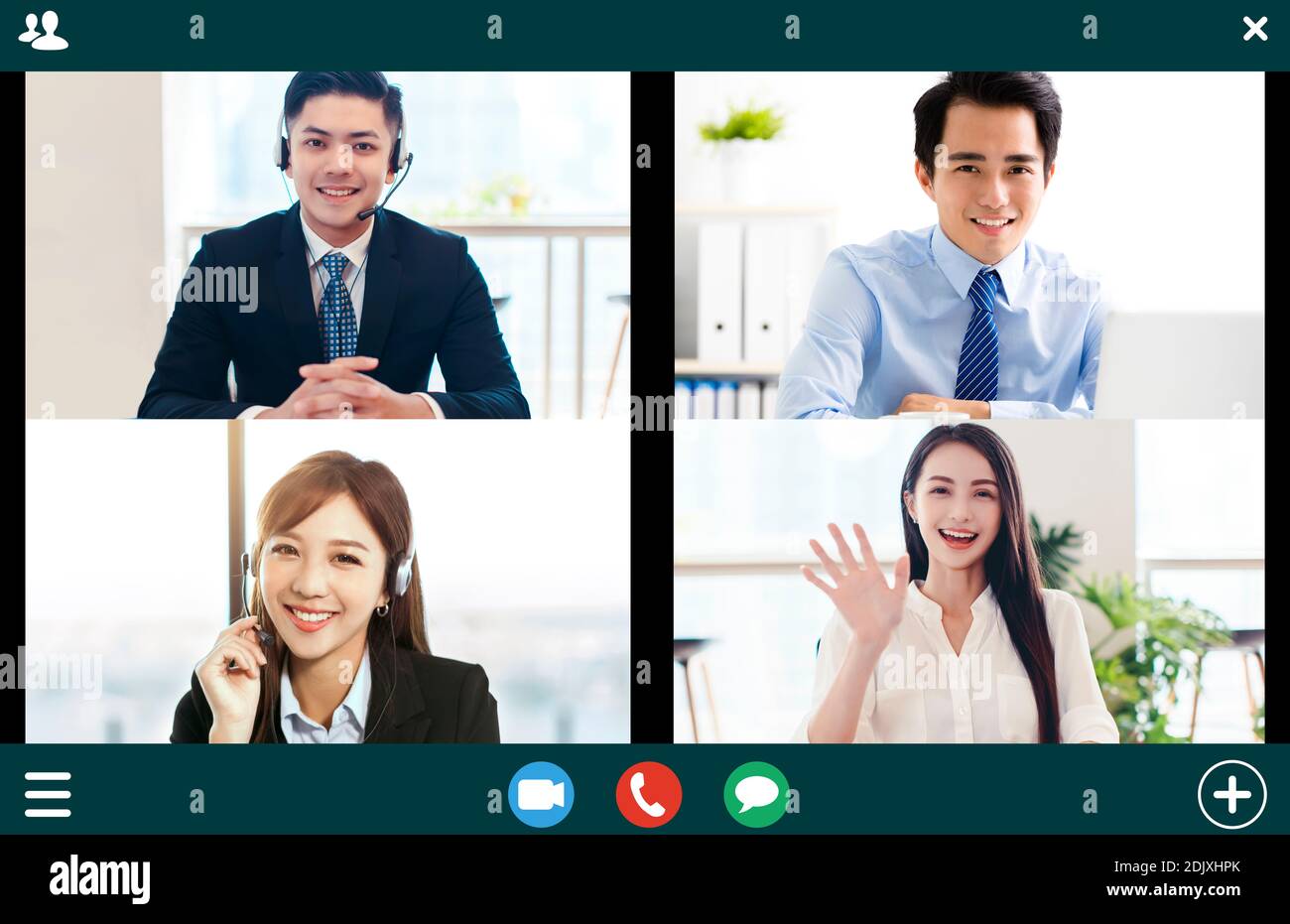 screenshot of  smiling business group online brainstorm on video conference Stock Photo