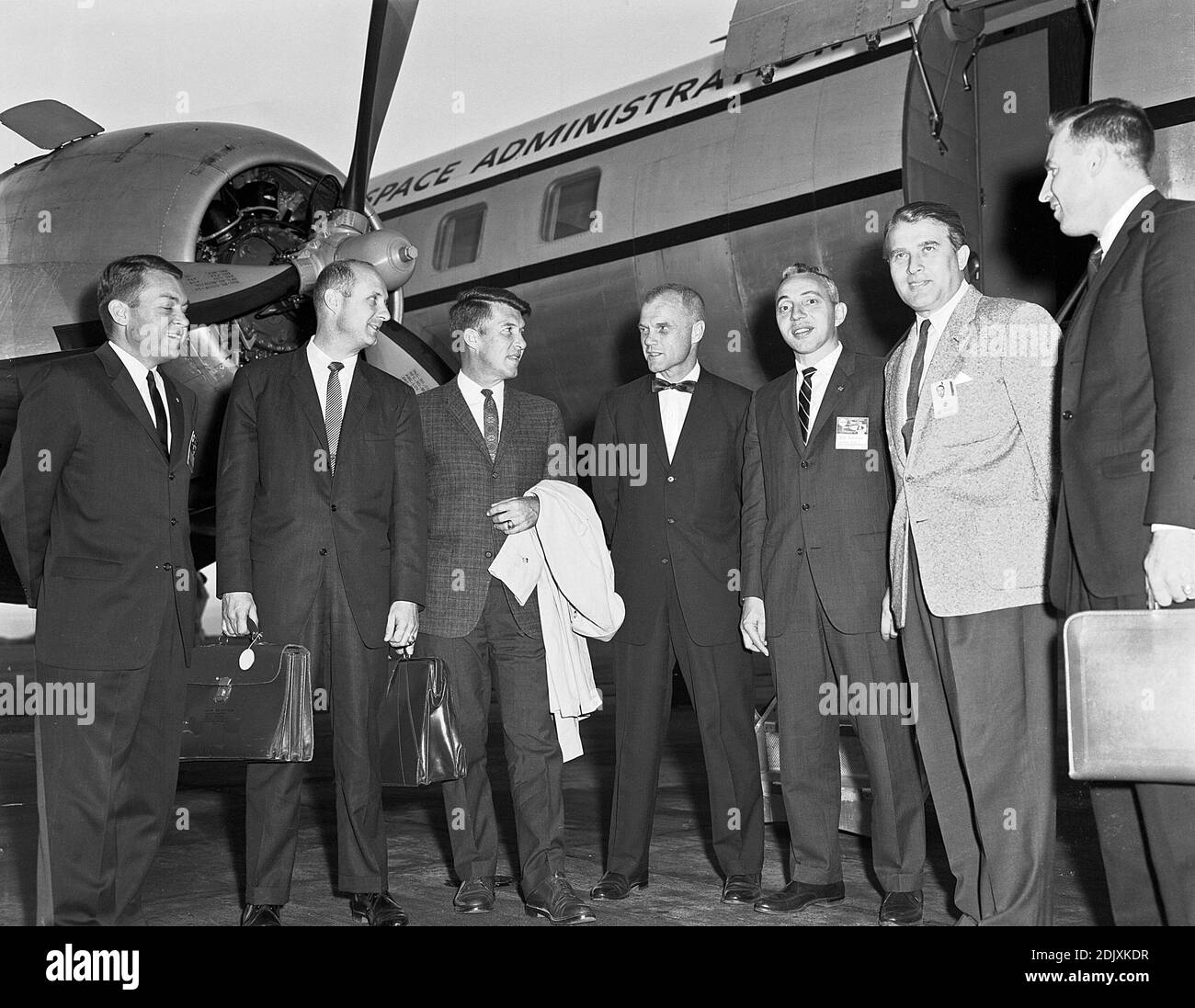 Officials from NASA Headquarters and the astronauts often met with Dr. Wernher von Braun in Huntsville, Alabama. This photograph was taken in September 1962 during one such visit. From left to right are Elliot See, Tom Stafford, Wally Schirra, John Glenn, Brainerd Holmes, Dr. von Braun, and Jim Lovell. Photo by NASA via CNP/ABACAPRESS.COM Stock Photo