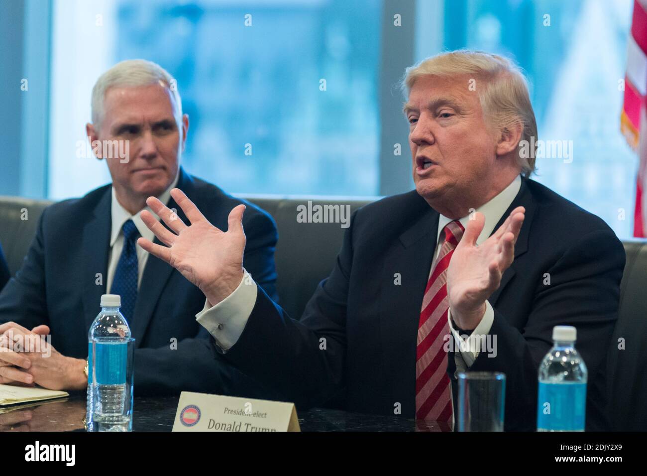 President-elect Donald Trump is seen at a meeting of technology leaders in the Trump Organization conference room at Trump Tower in New York, NY, USA on December 14, 2016. Credit: Albin Lohr-Jones / Pool via CNP Stock Photo