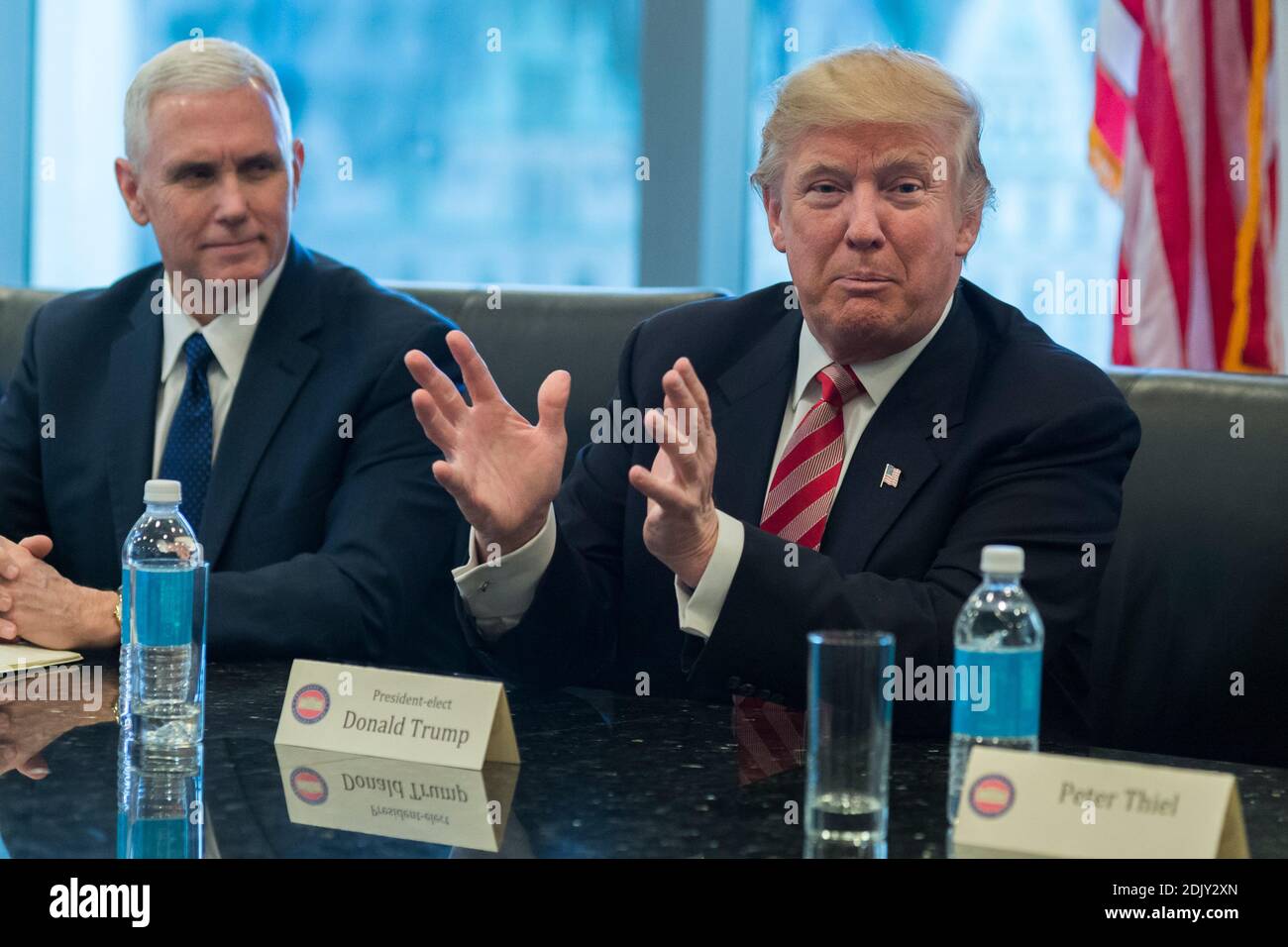 President-elect Donald Trump is seen at a meeting of technology leaders in the Trump Organization conference room at Trump Tower in New York, NY, USA on December 14, 2016. Credit: Albin Lohr-Jones / Pool via CNP Stock Photo