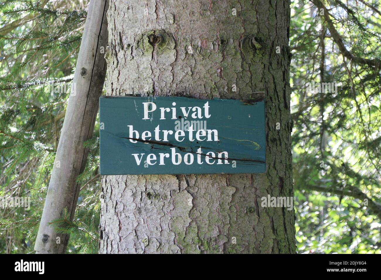 Sign on the tree, private entry prohibited Stock Photo