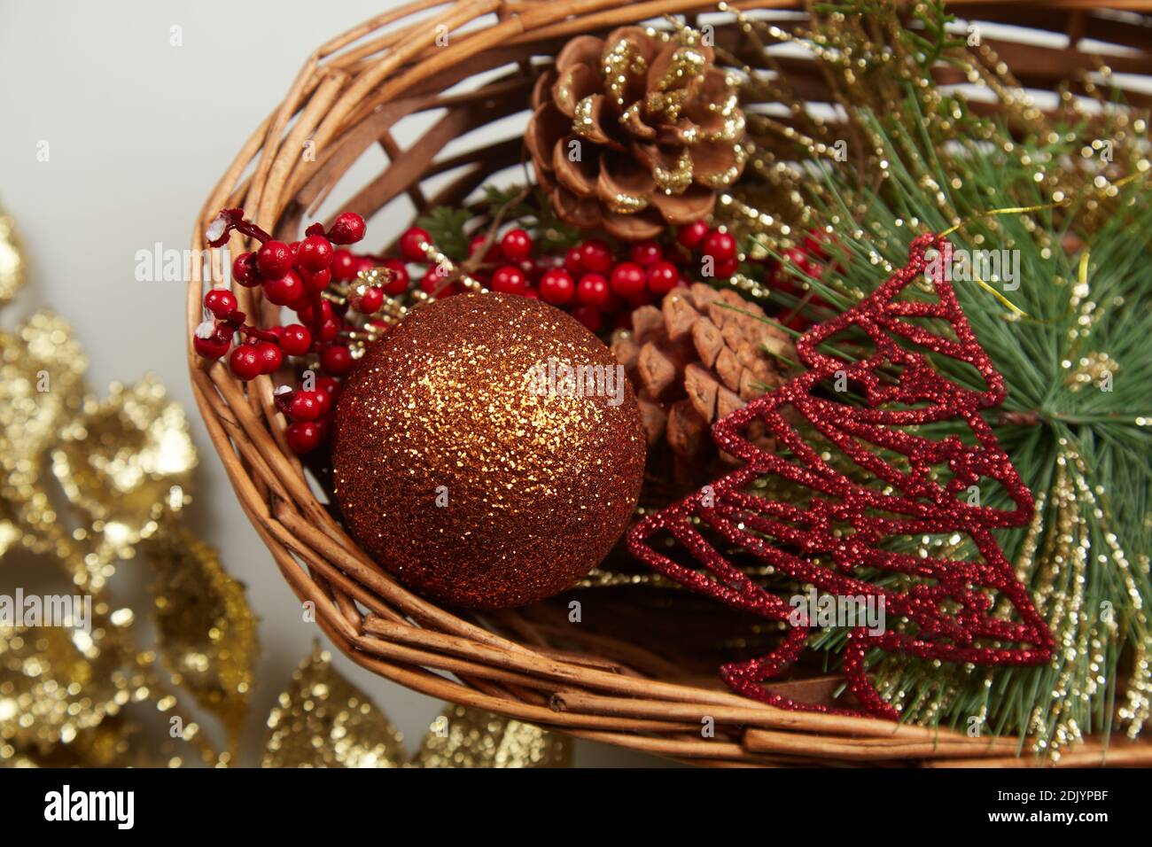 Chirstmas decorations on a basket close up Stock Photo