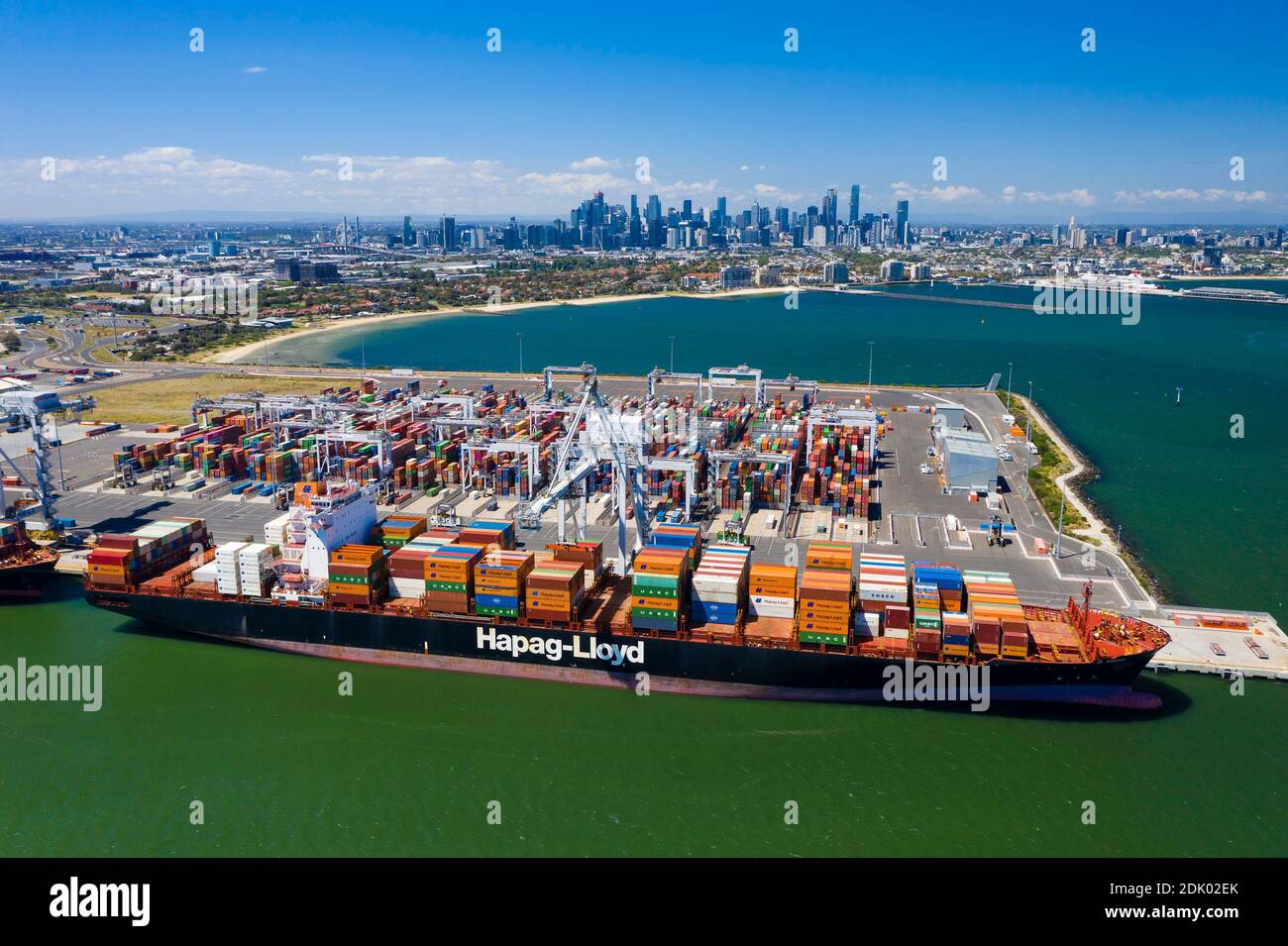 Aerial photo of cargo terminal and Melbourne CBD Stock Photo