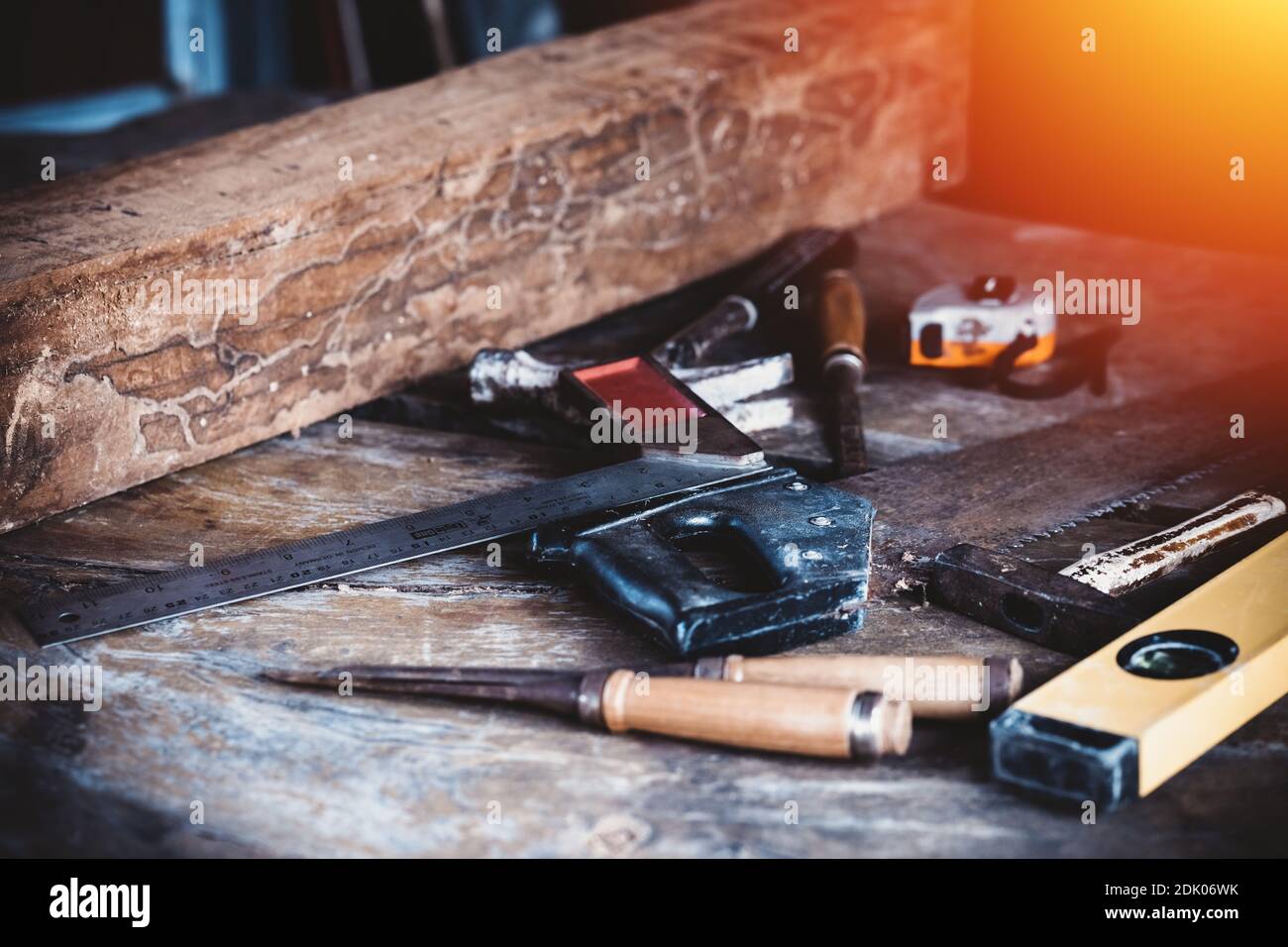 Close-up Of Work Tools On Table In Workshop Stock Photo
