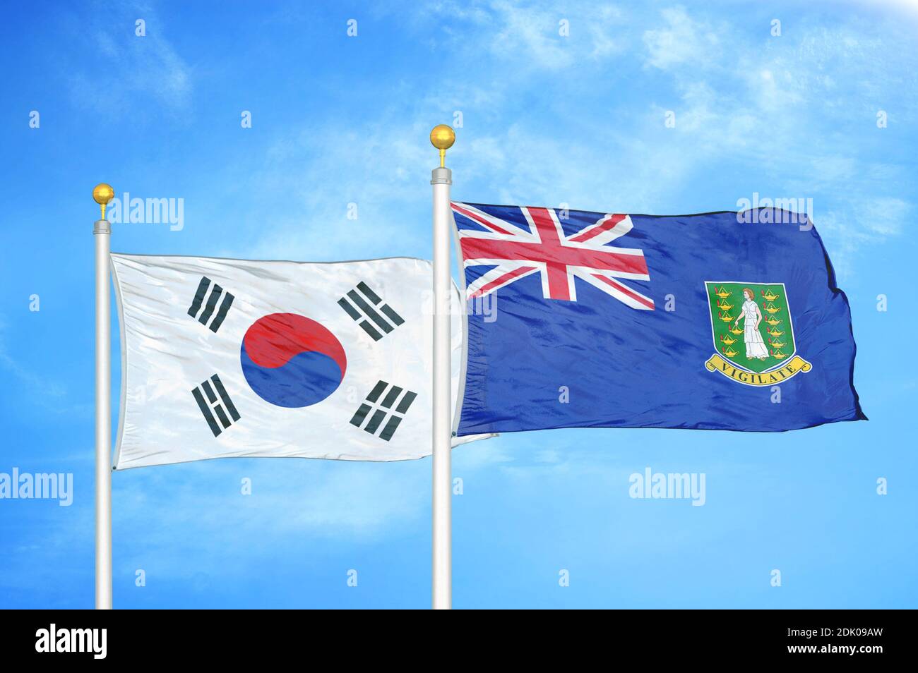 South Korea and Virgin Islands British two flags on flagpoles and blue sky Stock Photo