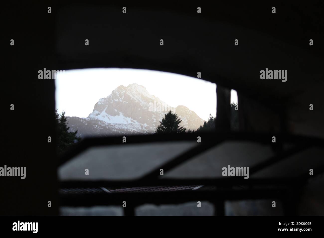 Window with a view of the Wetterstein Mountains Stock Photo