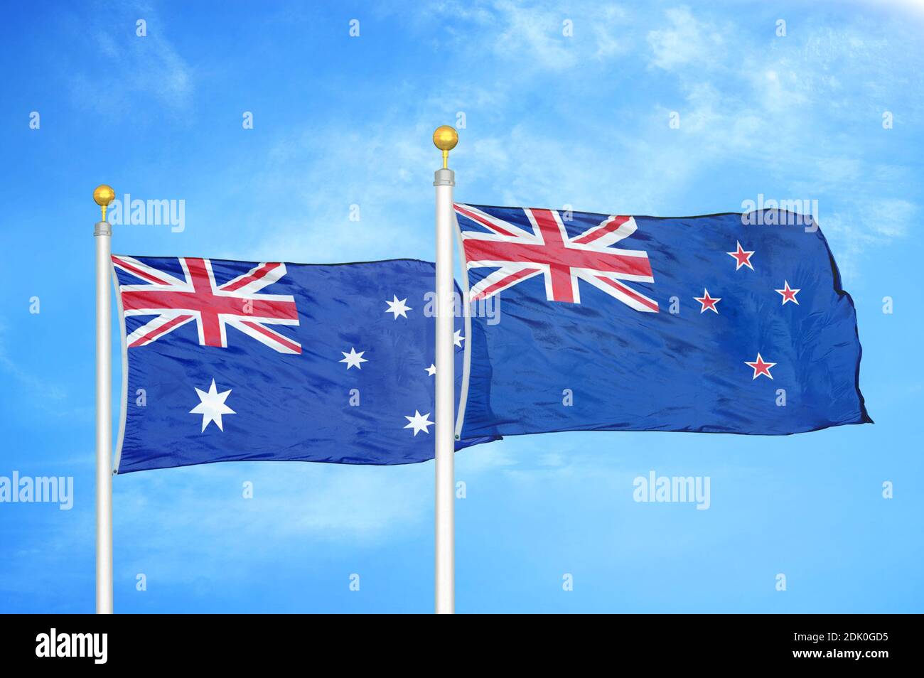 overvælde Afståelse opdagelse Australia and New Zealand two flags on flagpoles and blue cloudy sky Stock  Photo - Alamy