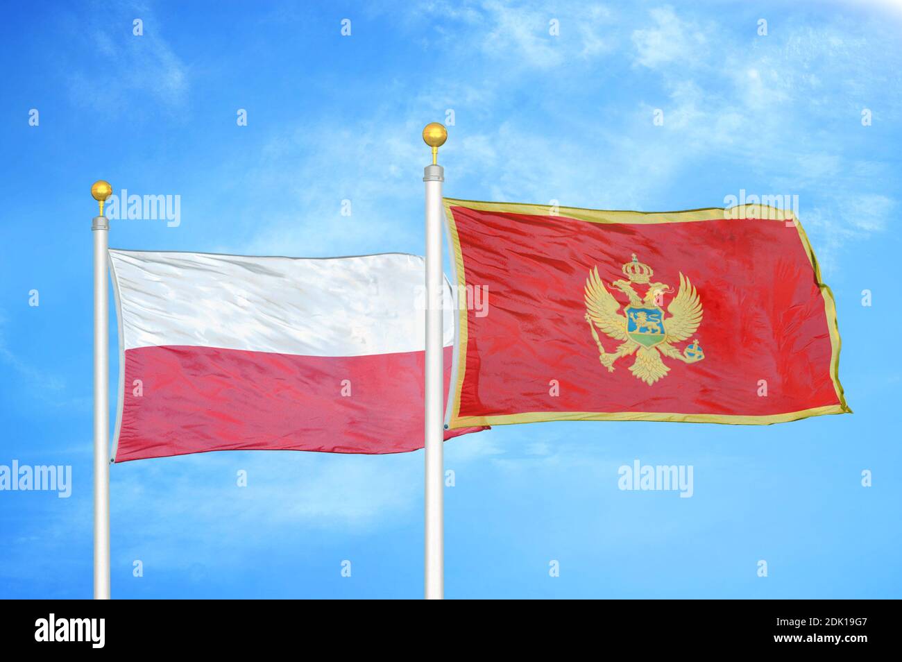Poland And Montenegro Two Flags On Flagpoles And Blue Cloudy Sky Stock Poland And Montenegro Two Flags On Flagpoles And Blue Cloudy Sky Stock