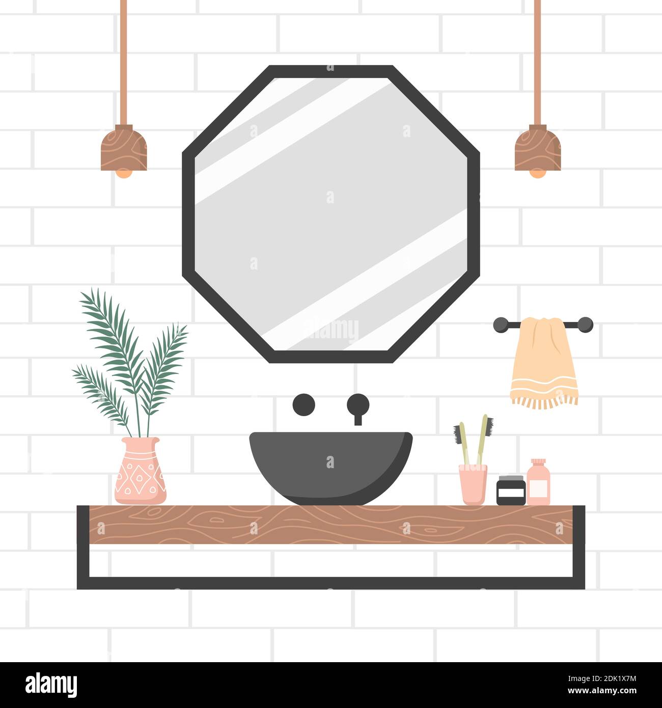 Modern bathroom interior in scandinavian style. Cozy contemporary white room with mirror and black sink on a wooden shelf. Stock Vector