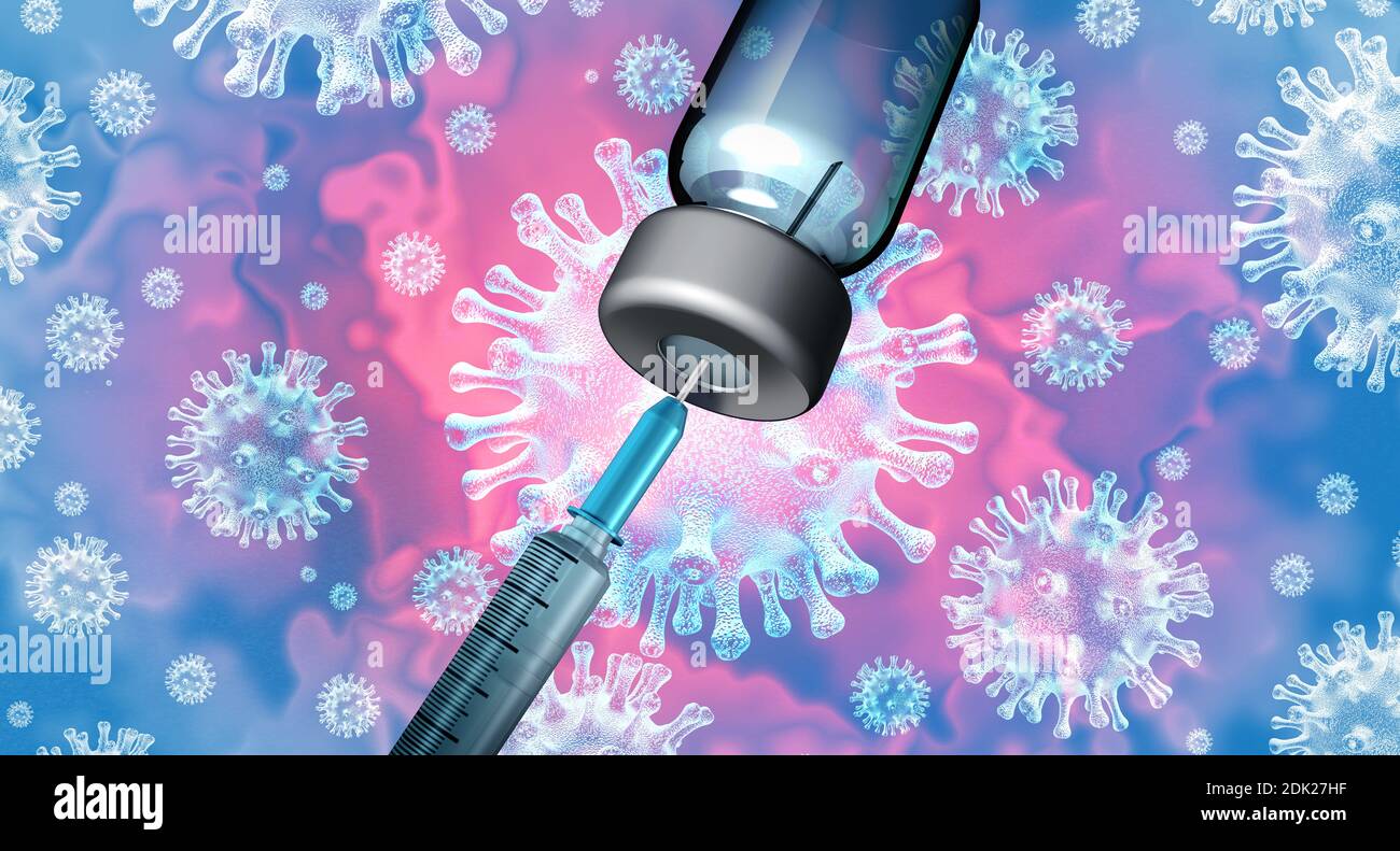 Virus vaccine treatment and flu or coronavirus medical disease control as a syringe or needle with a vaccination dose as a medicine cure for virus. Stock Photo